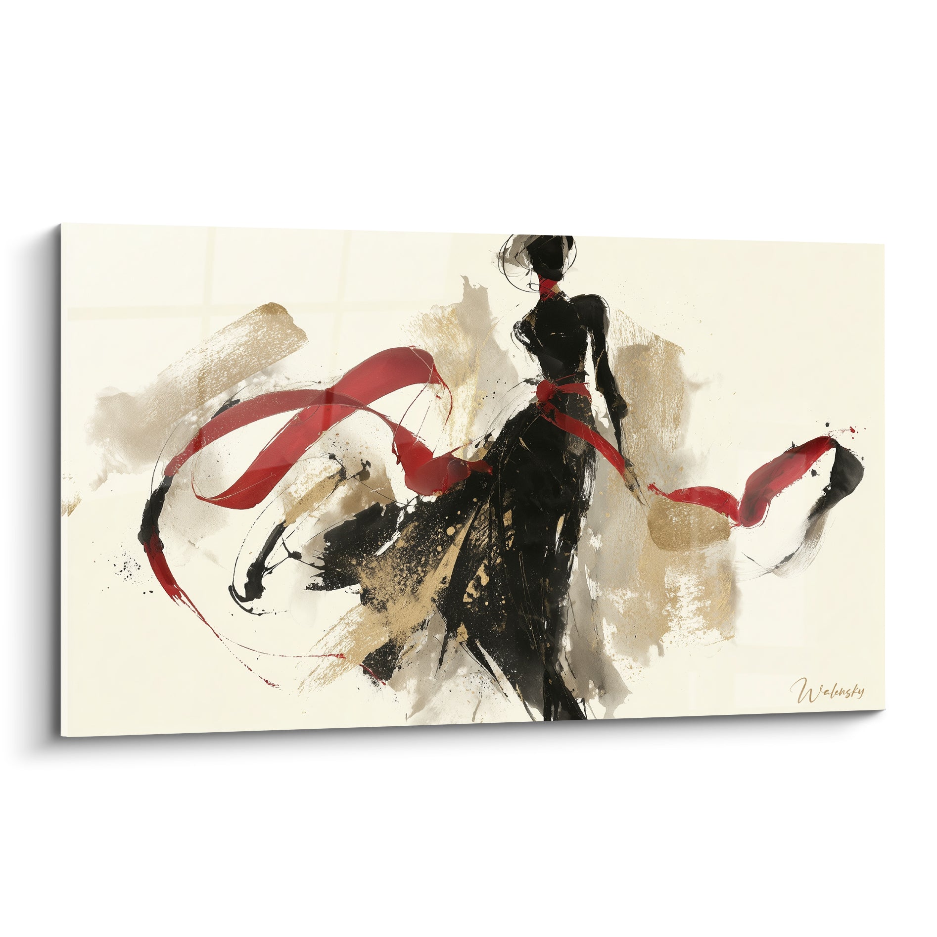 Silhouette élégante en robe noire fluide, ruban rouge virevoltant, touches dorées sur fond ivoire