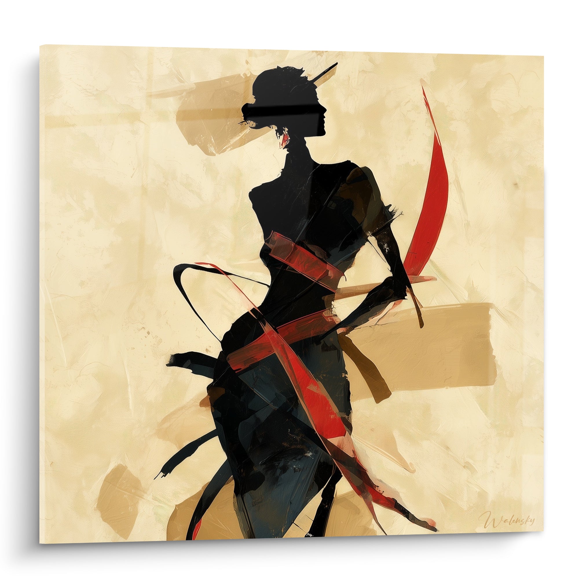 Silhouette noire drapée de rubans rouge vif sur fond beige sable, illustration de mode expressive