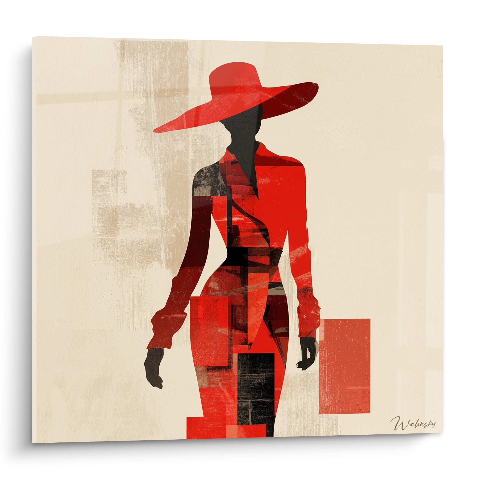 Silhouette féminine au chapeau rouge et robe fragmentée anthracite sur fond beige texturé