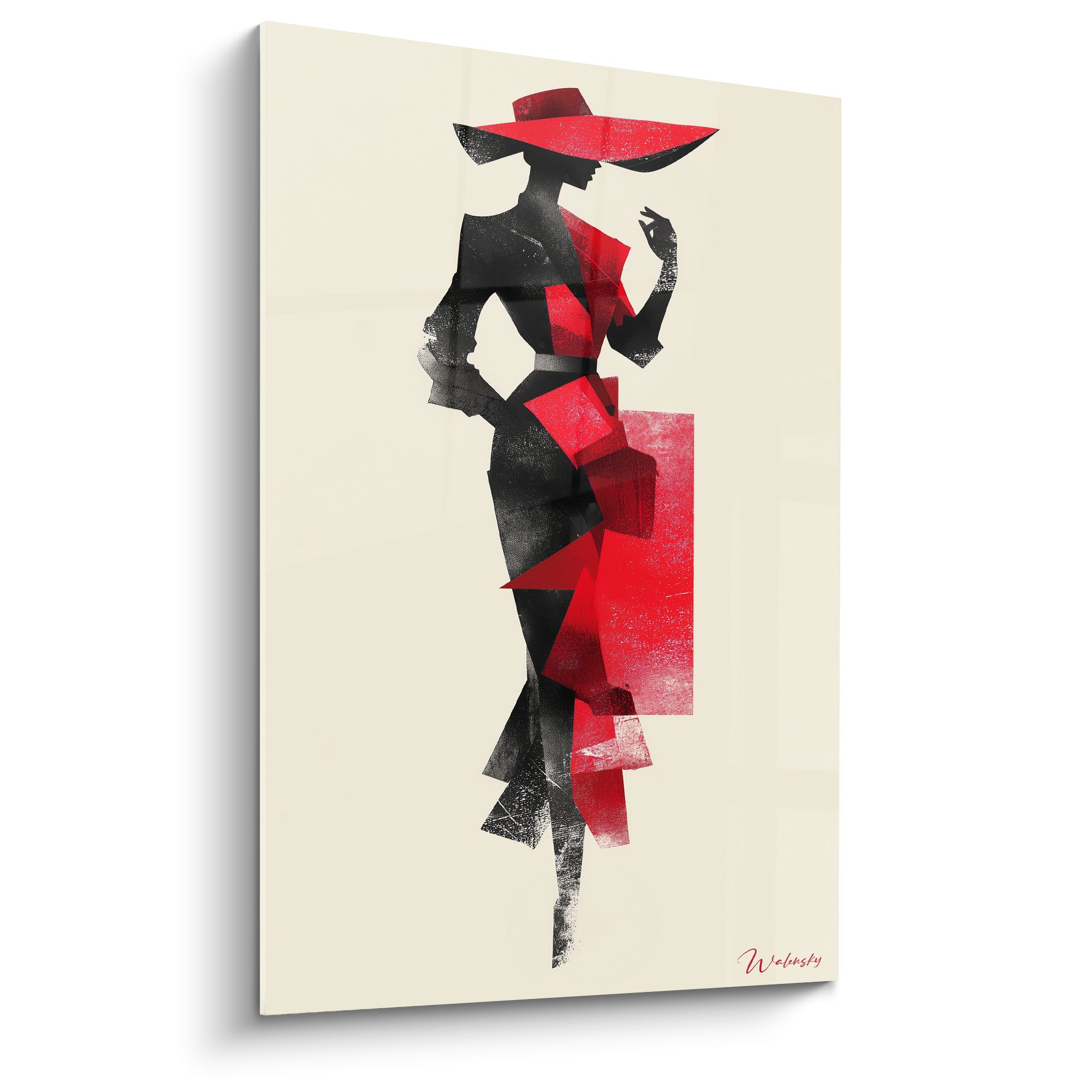 Silhouette féminine noire et rouge au chapeau large, style illustration de mode graphique fragmentée