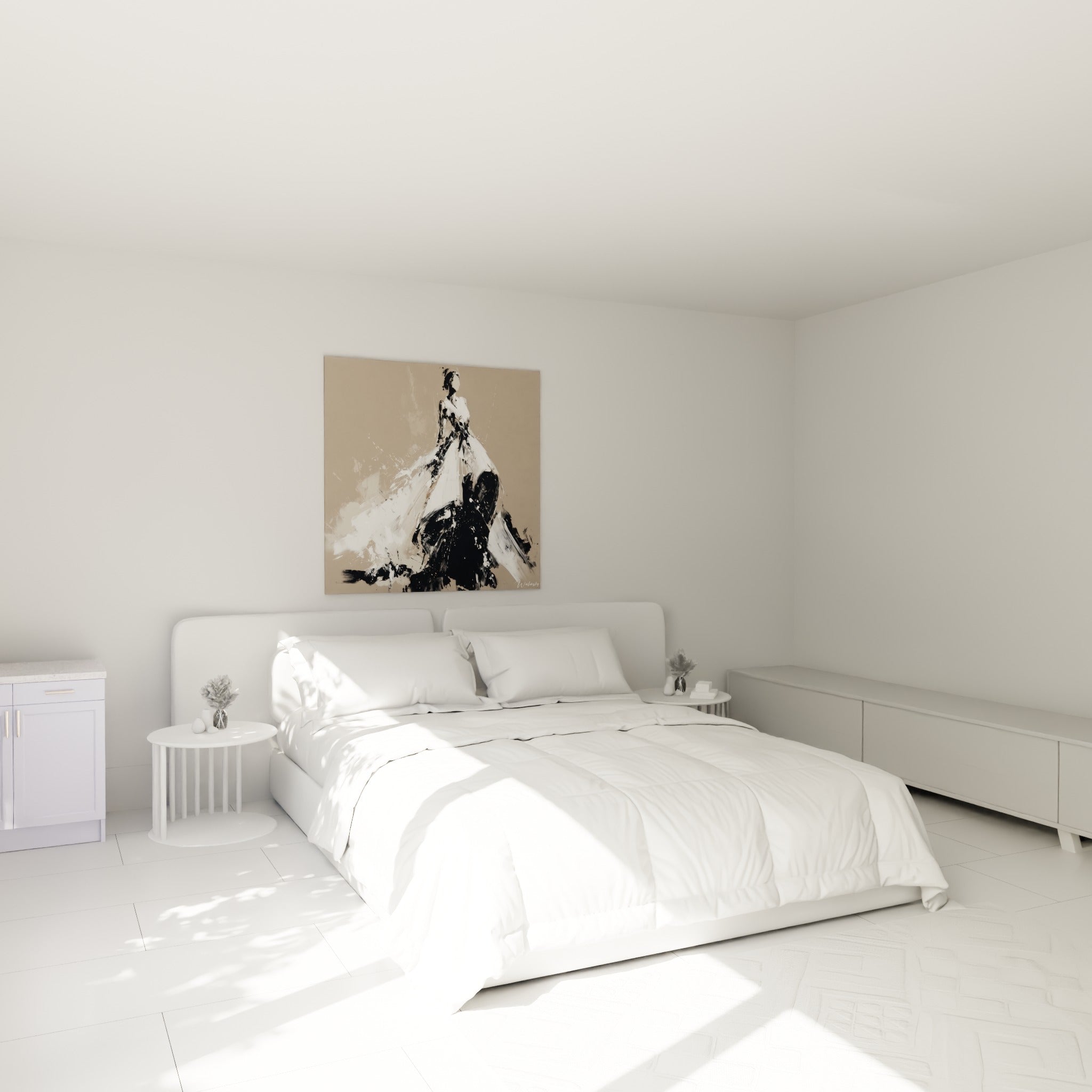 Robe blanche drapée aux touches anthracite de cette illustration de mode, au-dessus d'un lit dans une chambre claire