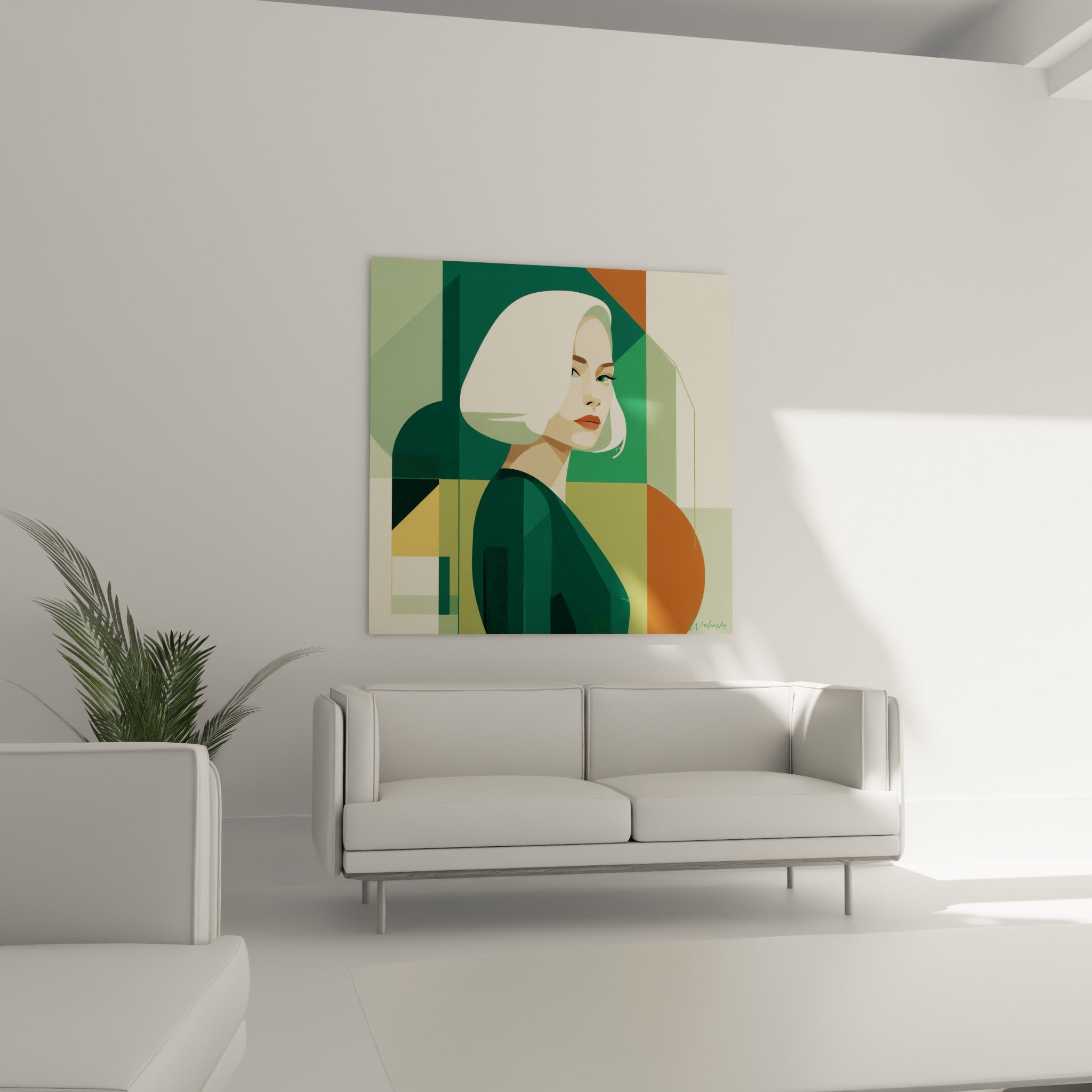 Silhouette au regard vert et vêtement sombre sur aplats terracotta, au-dessus d'un canapé dans un salon lumineux.