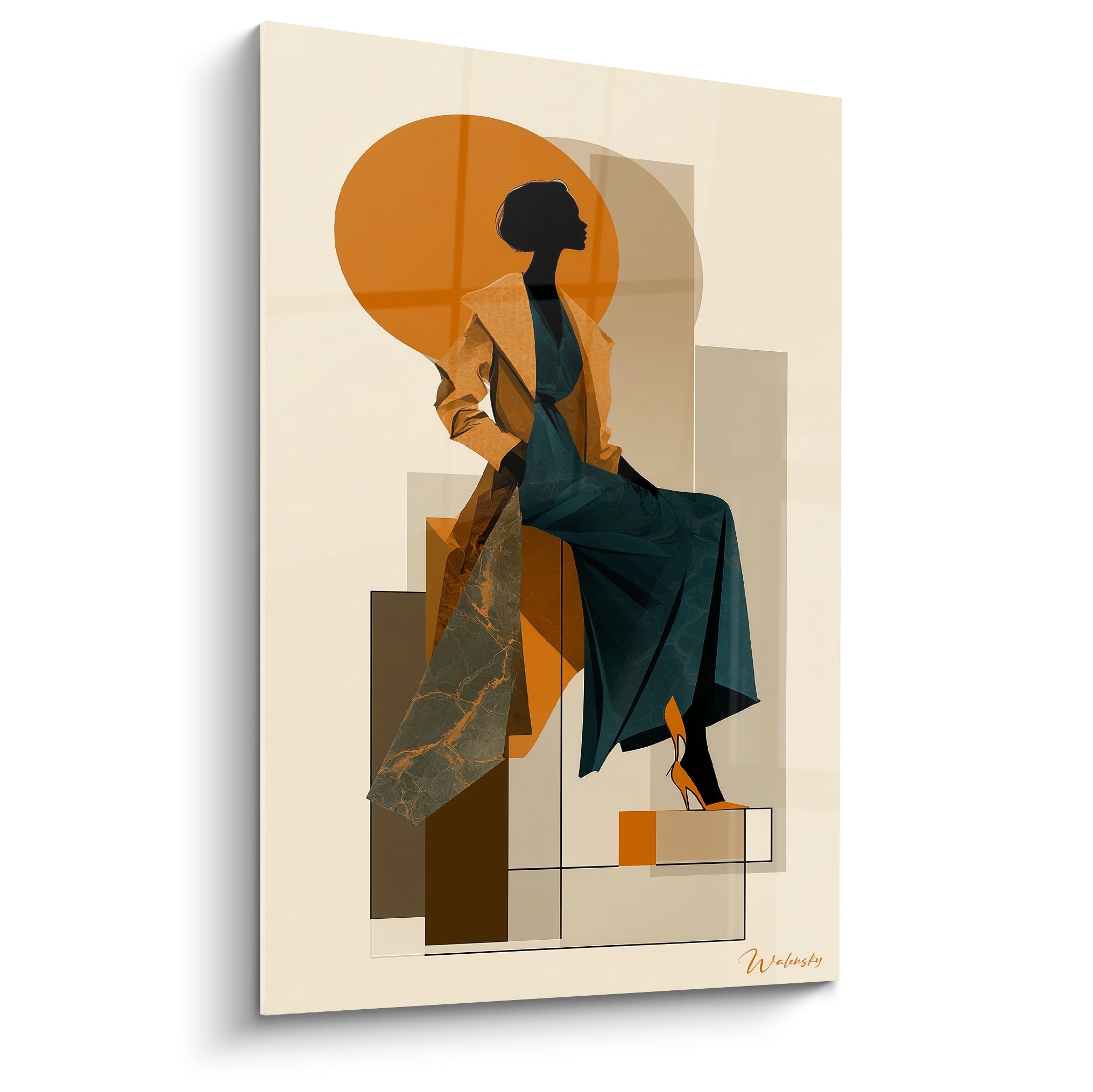 Silhouette illustration de mode en robe vert émeraude devant un cercle orange vif