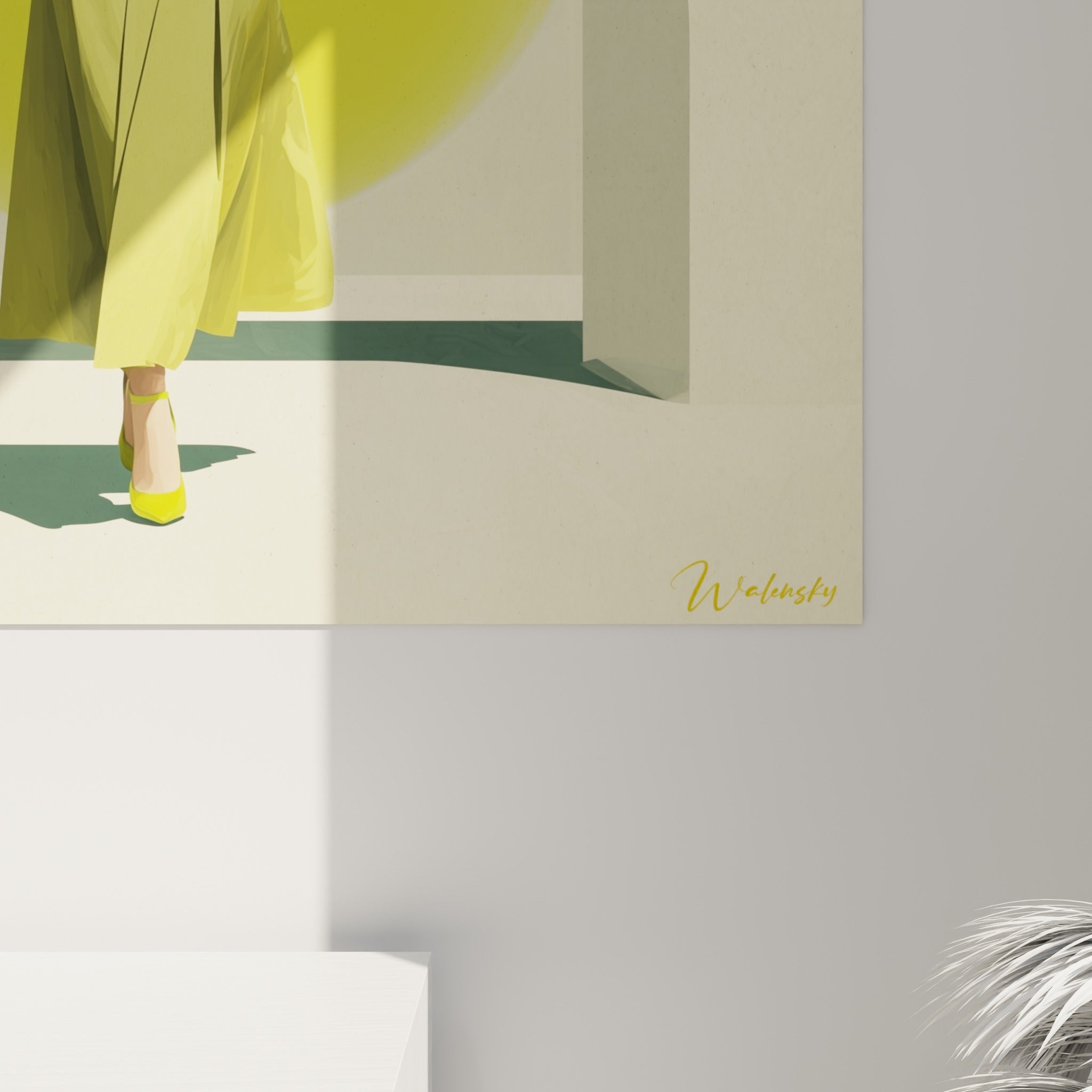 Empâtements et aplats nets du jaune vert et du noir profond visibles de près sur la toile encadrée