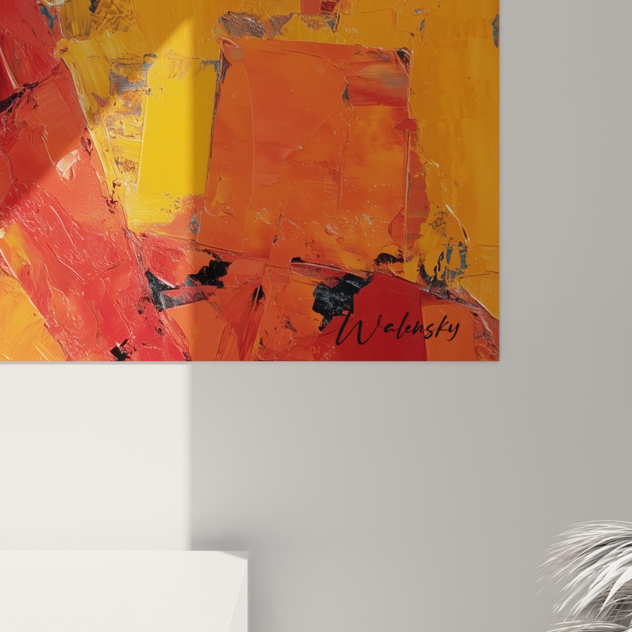 Empâtements orange et terracotta se mêlant au noir du chapeau, matière épaisse et coulures visibles sur la toile