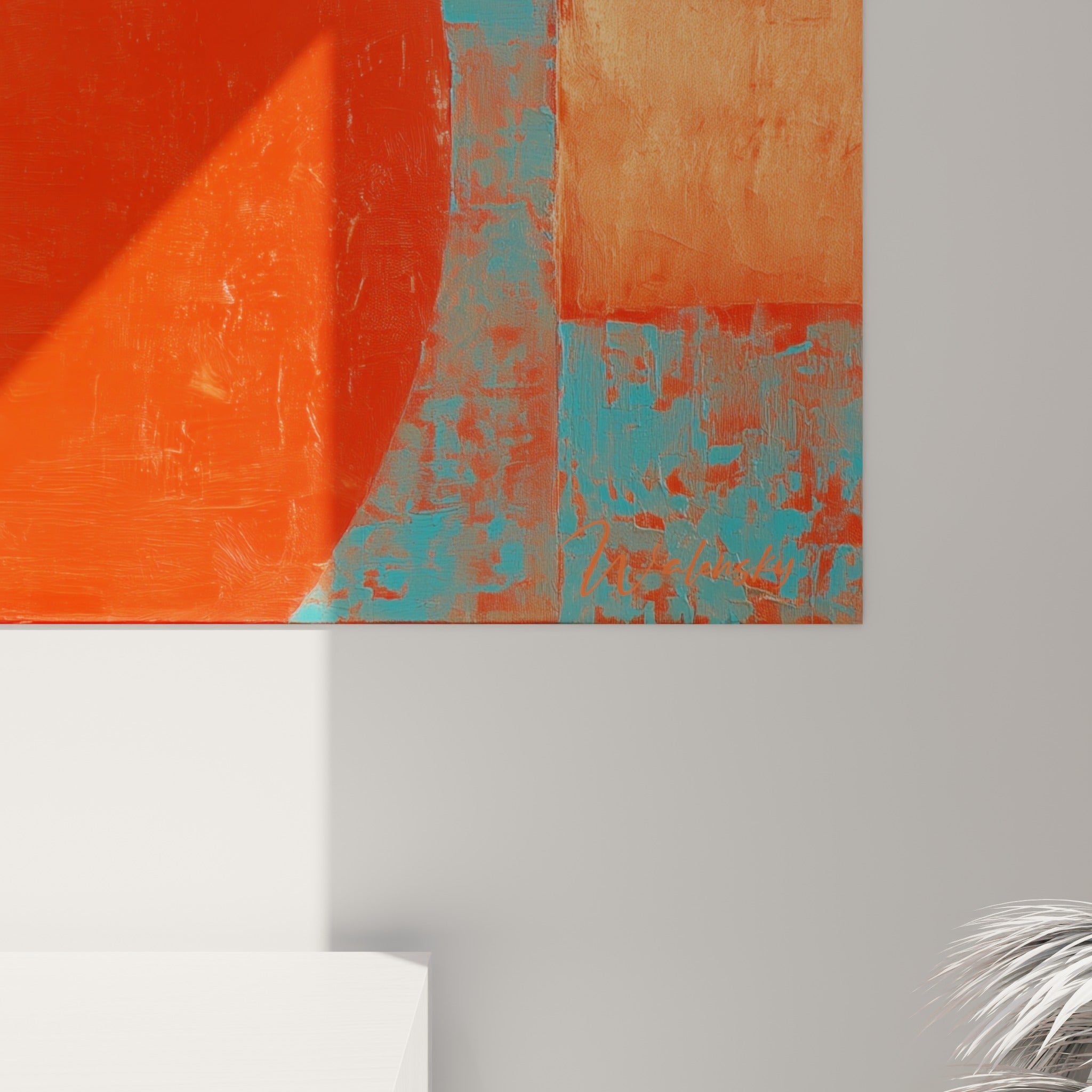 Détail de la toile montrant les empâtements du rouge profond et les éclats dorés des créoles sur fond turquoise patiné