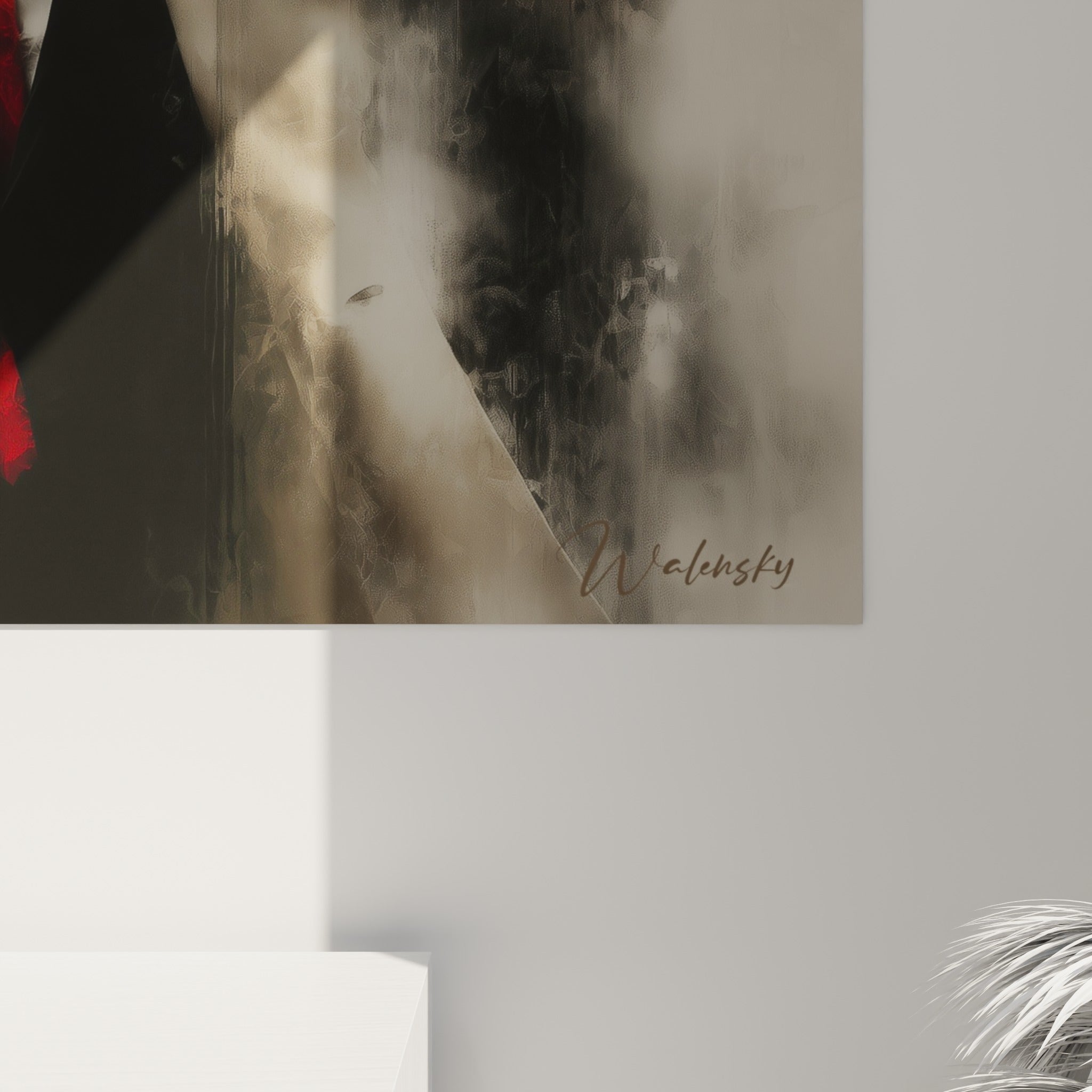 Texture picturale estompée révélant les nuances anthracite et beige autour de la cravate rouge sur la toile
