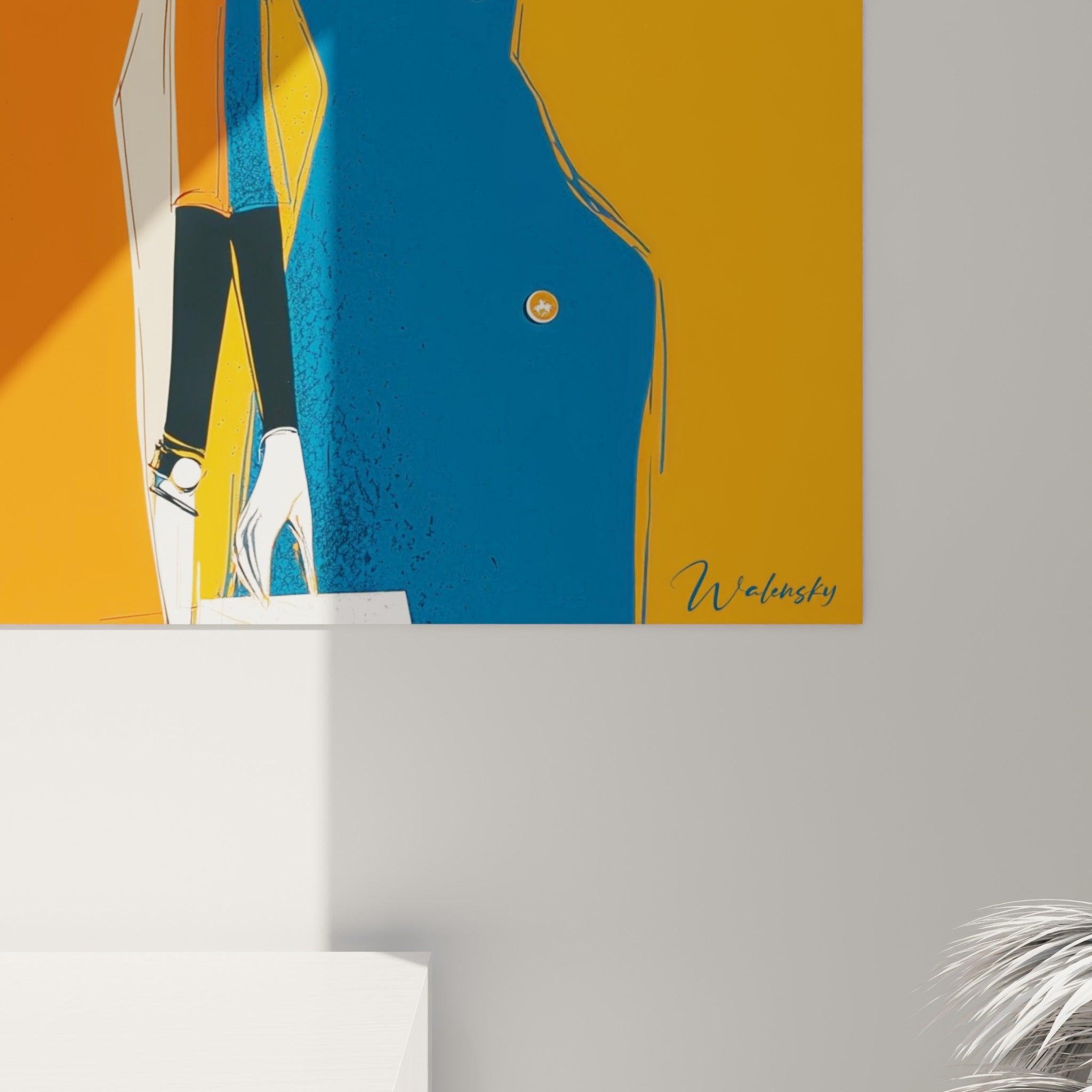 Détail du trait noir esquissé et des aplats orange fauve et bleu marine formant les silhouettes de l'illustration