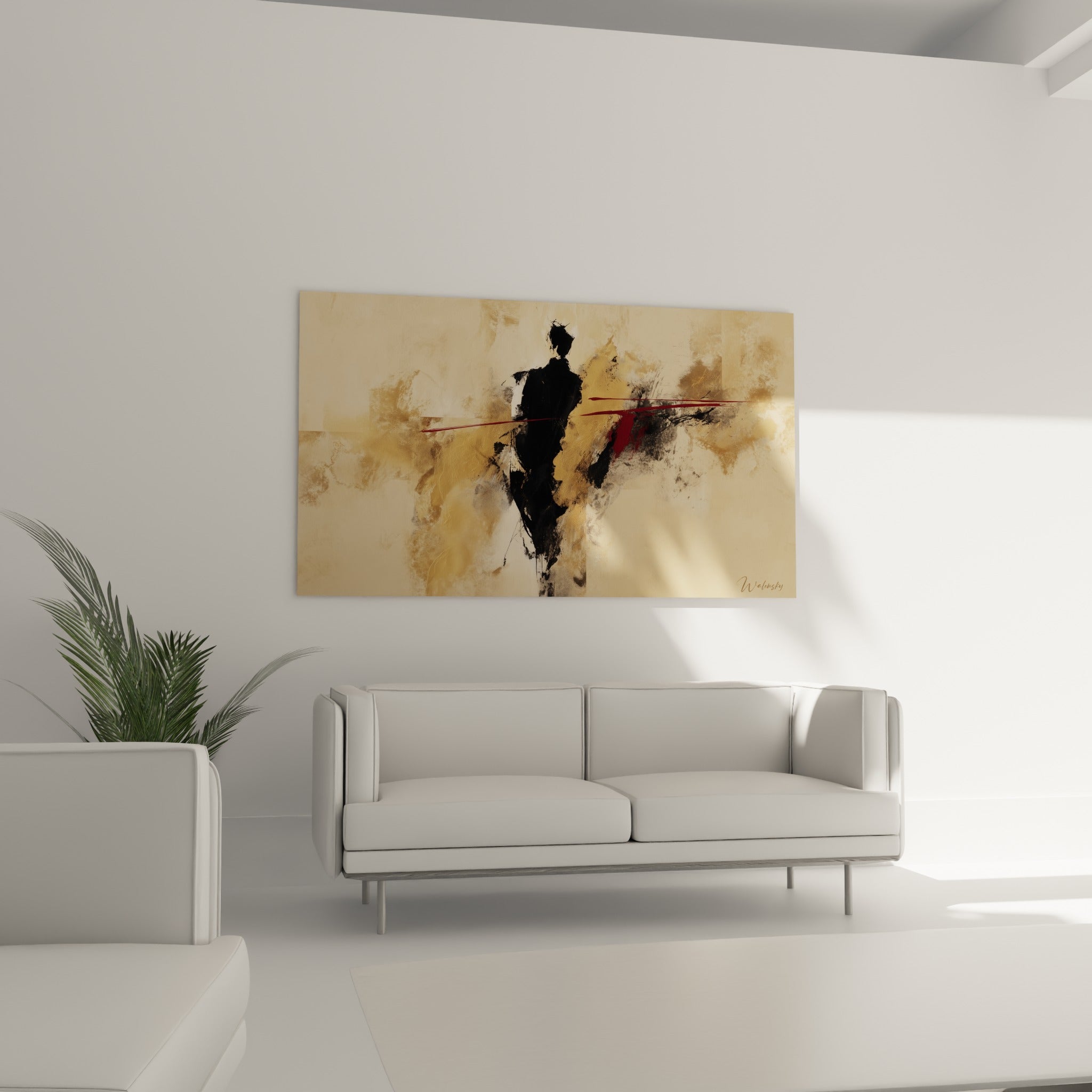 Personnage abstrait noir et rouge sur fond sable texturé, au-dessus d'un canapé dans un salon lumineux