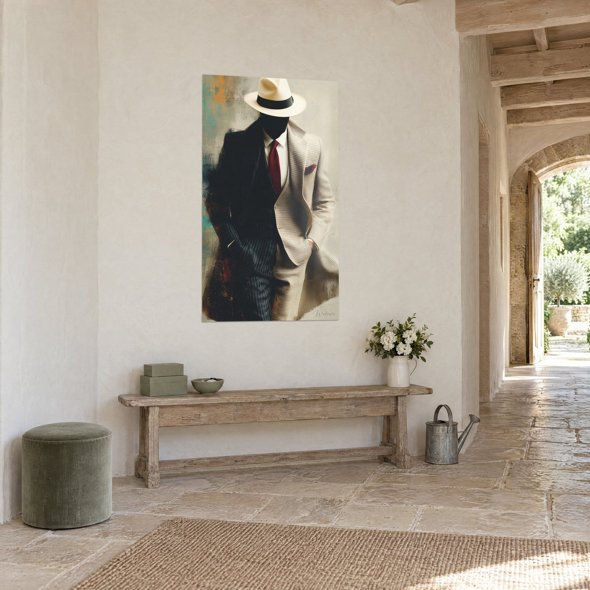 Tableau homme sans visage en costume mi-tweed beige mi-rayé anthracite, pochette rouge, fond ocre et turquoise, couloir en pierre