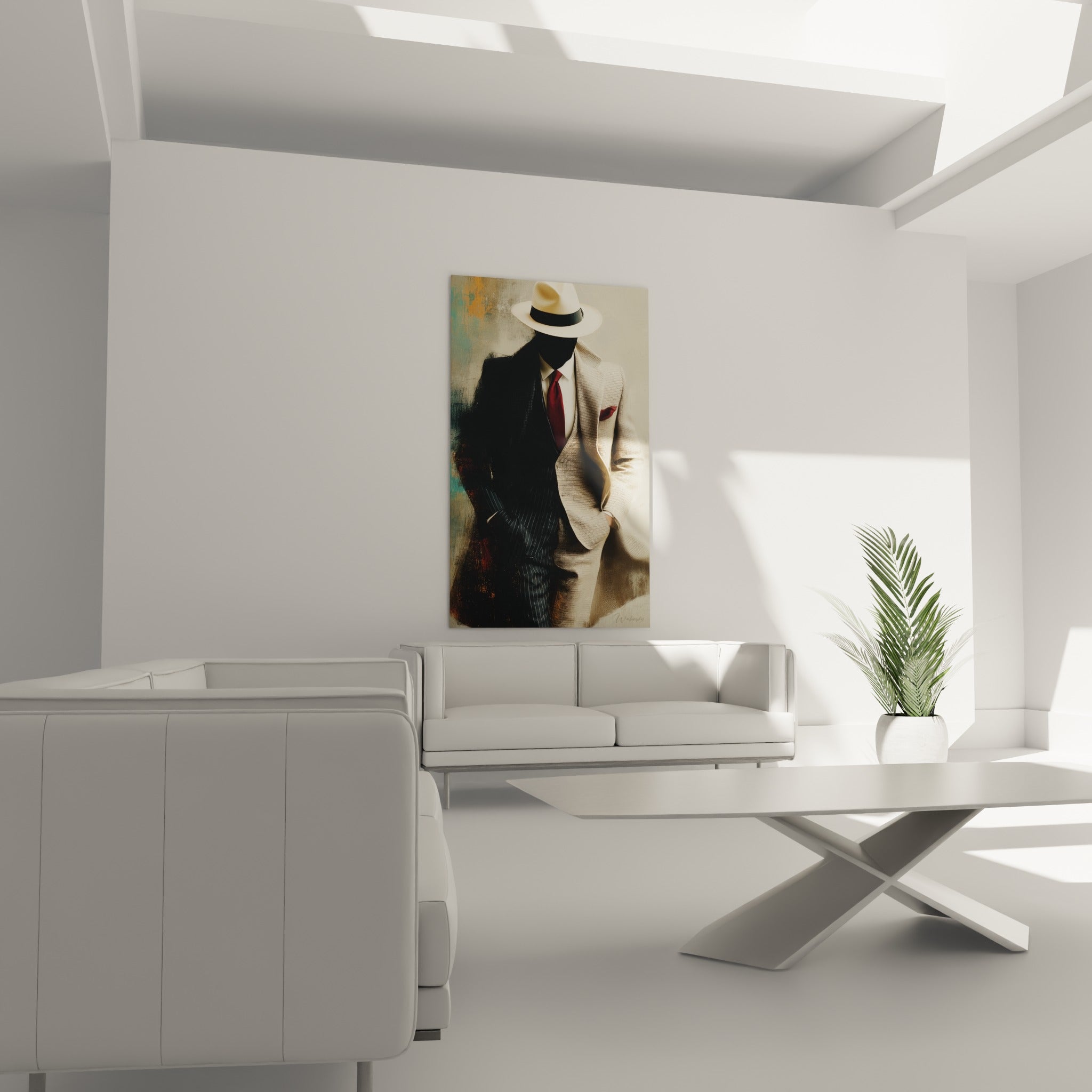 Homme sans visage en veste beige texturée et cravate bordeaux, accroché au-dessus d'un canapé dans un salon lumineux