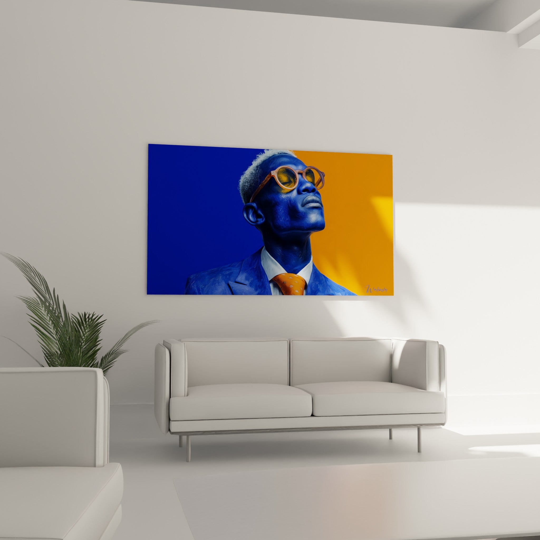 Silhouette masculine bleue en costume, cravate orange, disposée au-dessus d'un canapé dans un salon lumineux