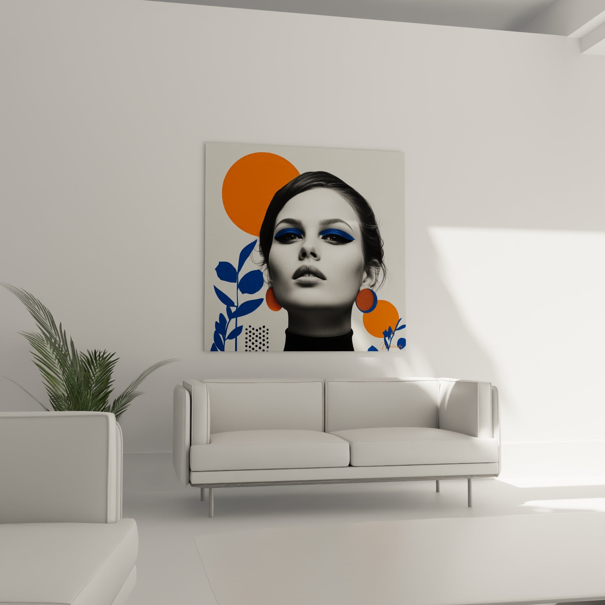 Visage graphique noir et blanc rehaussé de bleu et orange, disposé au-dessus d'un canapé dans un salon lumineux