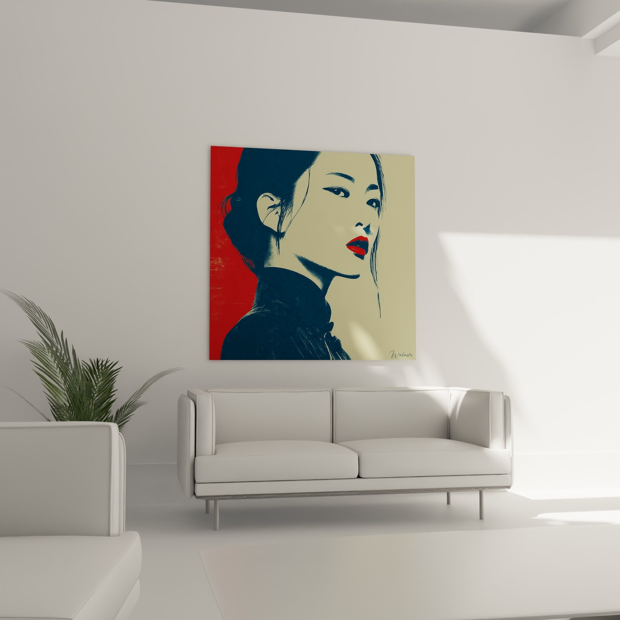 Silhouette féminine graphique aux teintes rouge et bleu marine, illustration de mode au-dessus d'un canapé dans un salon lumineux