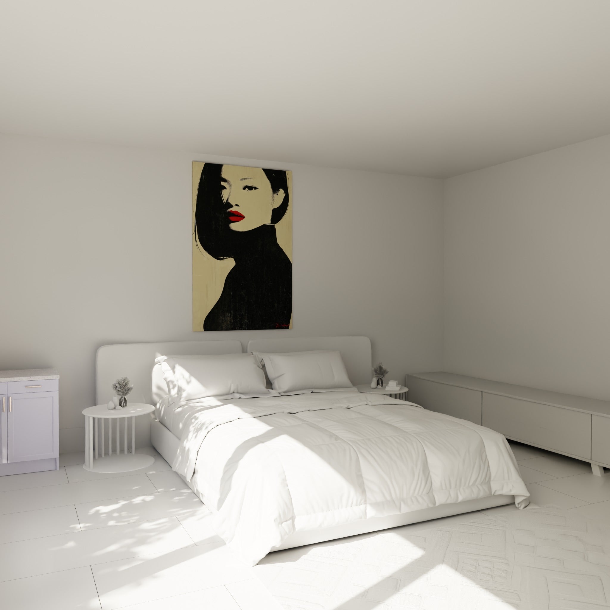Portrait ivoire et noir aux lèvres rouges, illustration de mode au-dessus d'un lit dans une chambre claire
