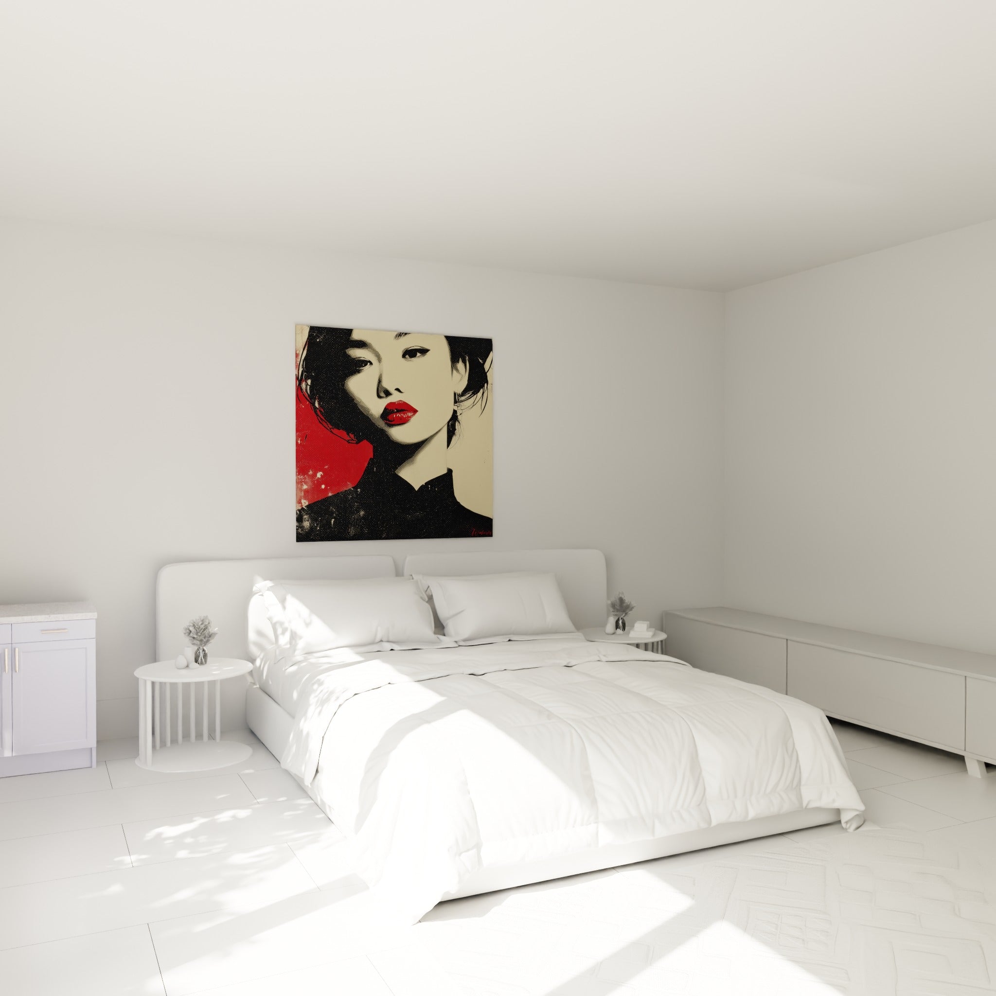 Visage féminin rouge et noir texturé, illustration de mode au-dessus d'un lit dans une chambre claire