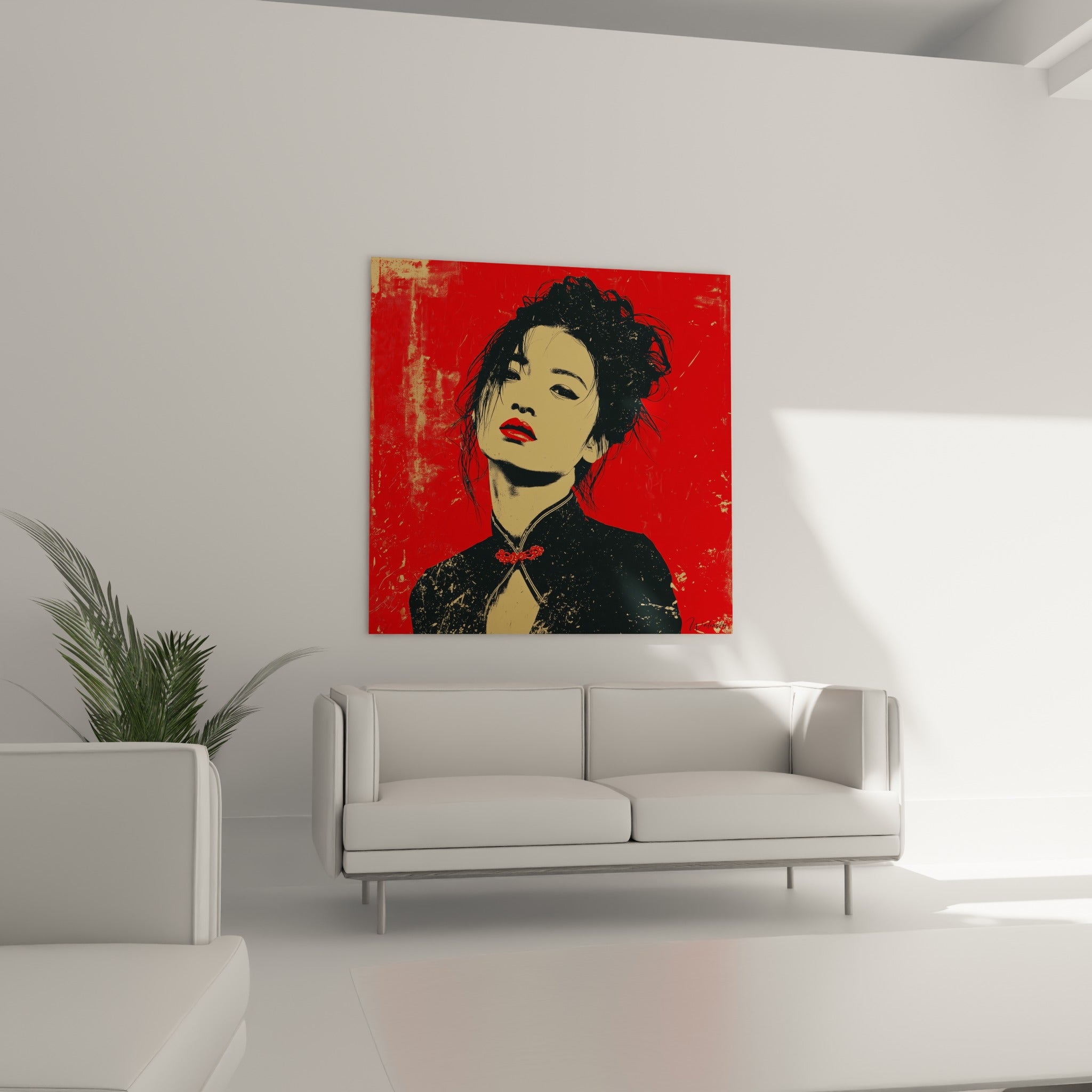 Femme au regard intense en illustration de mode rouge et beige, au-dessus d'un canapé dans un salon lumineux