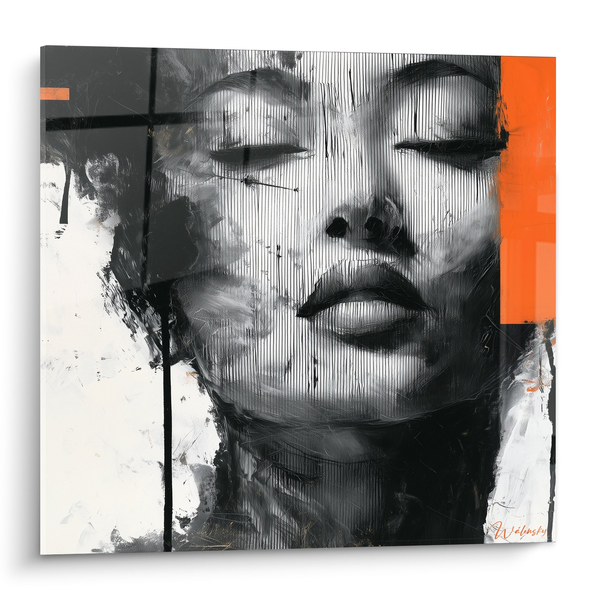 Visage aux yeux clos en noir et blanc strié, touches d'orange vif, style graphique et intense