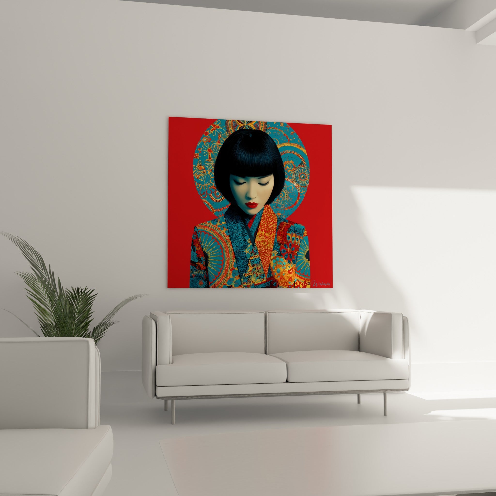 Visage serein aux lèvres rouges, motifs dorés et bleus, disposé au-dessus d'un canapé dans un salon lumineux