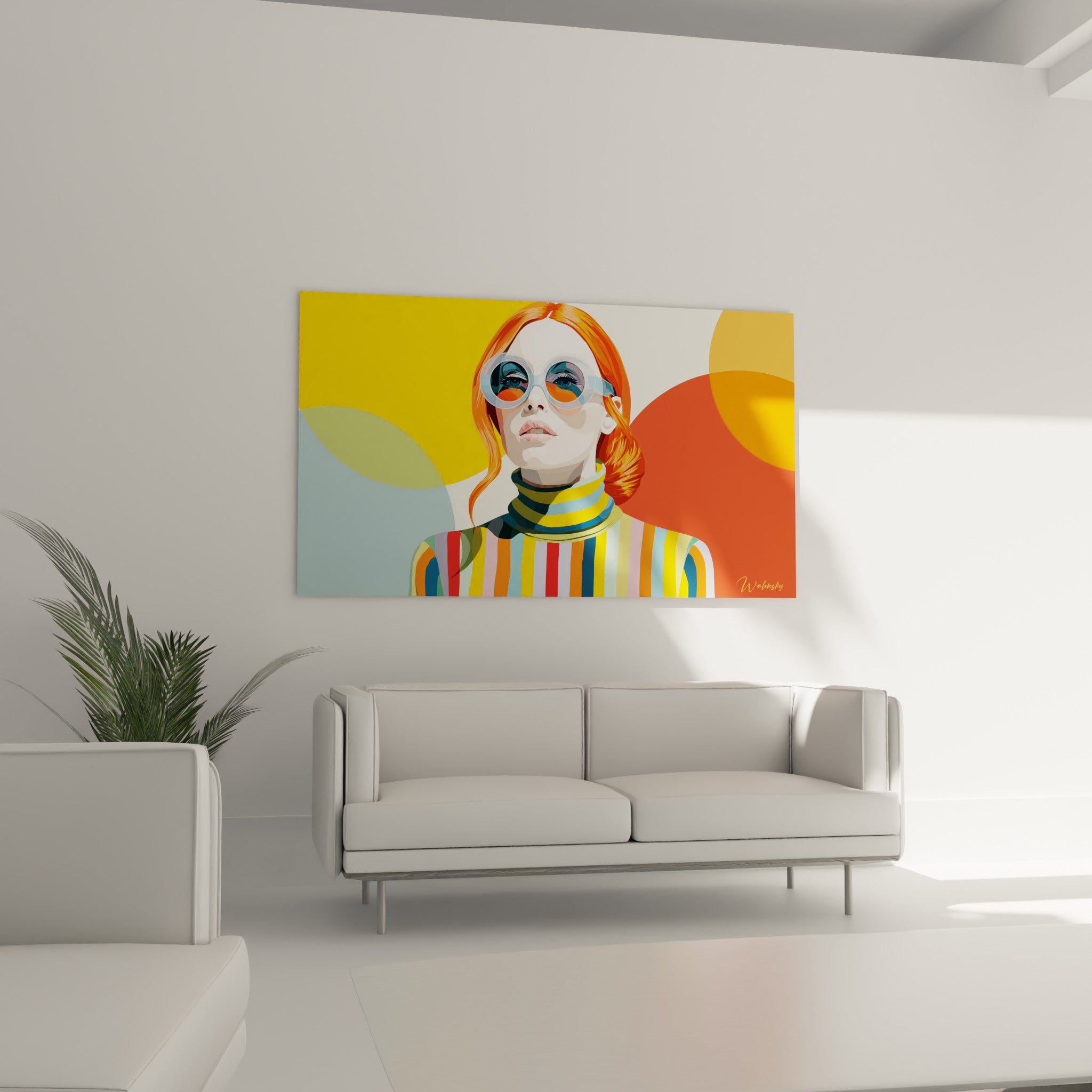 Visage stylisé aux lunettes rondes et cheveux roux, illustration de mode au-dessus d'un canapé dans un salon lumineux