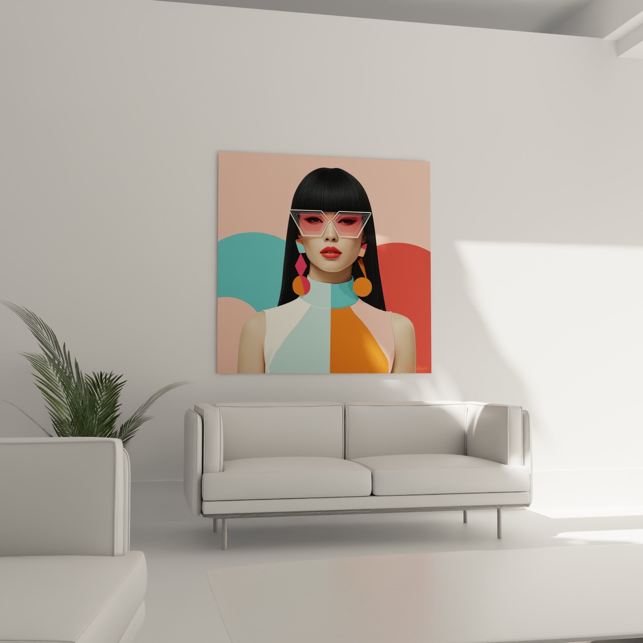 Mannequin aux lèvres rouges et col multicolore placé au-dessus d'un canapé dans un salon lumineux