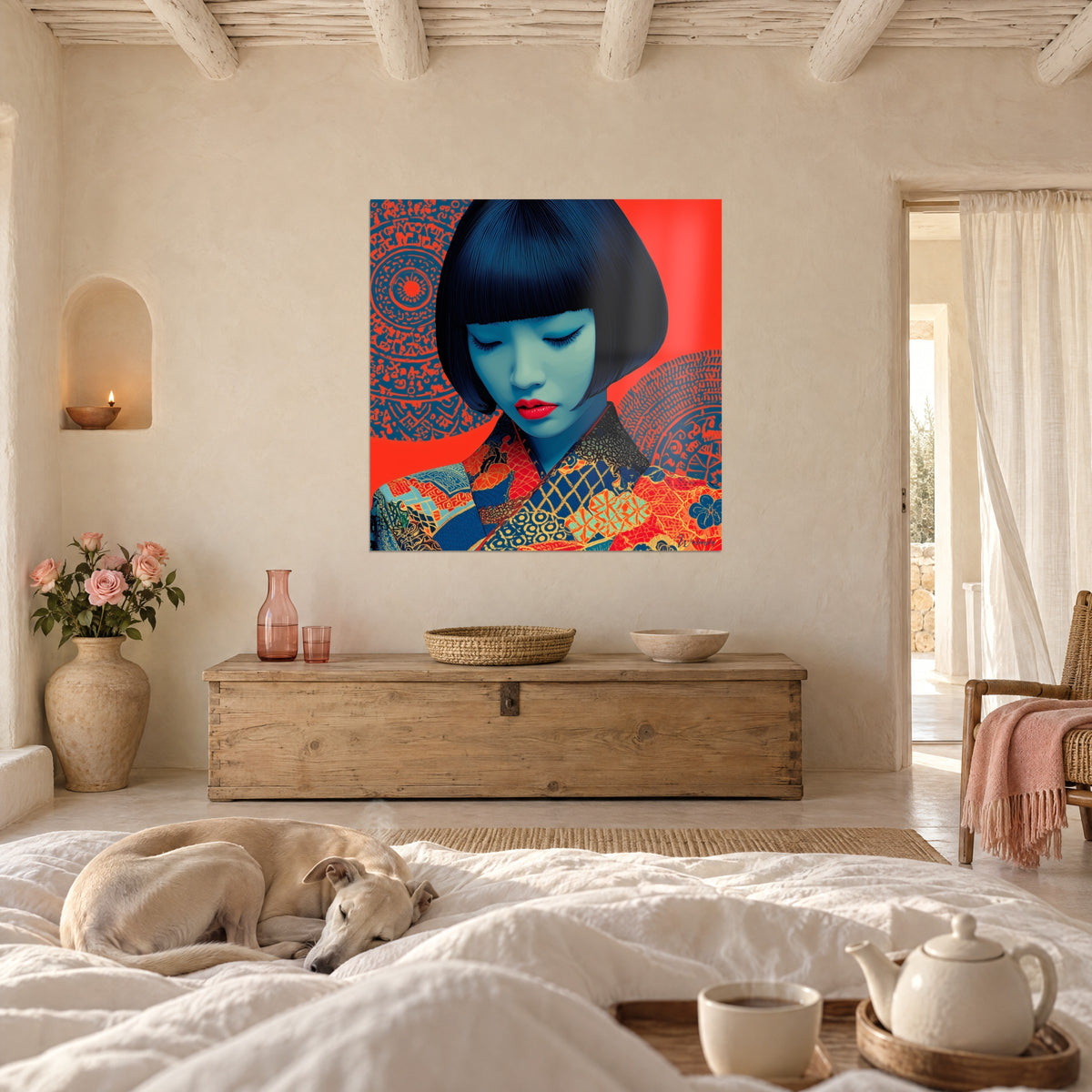 Wall art fashion illustration, turquoise face and jet-black bob on red background, above a bed in a bright bedroom