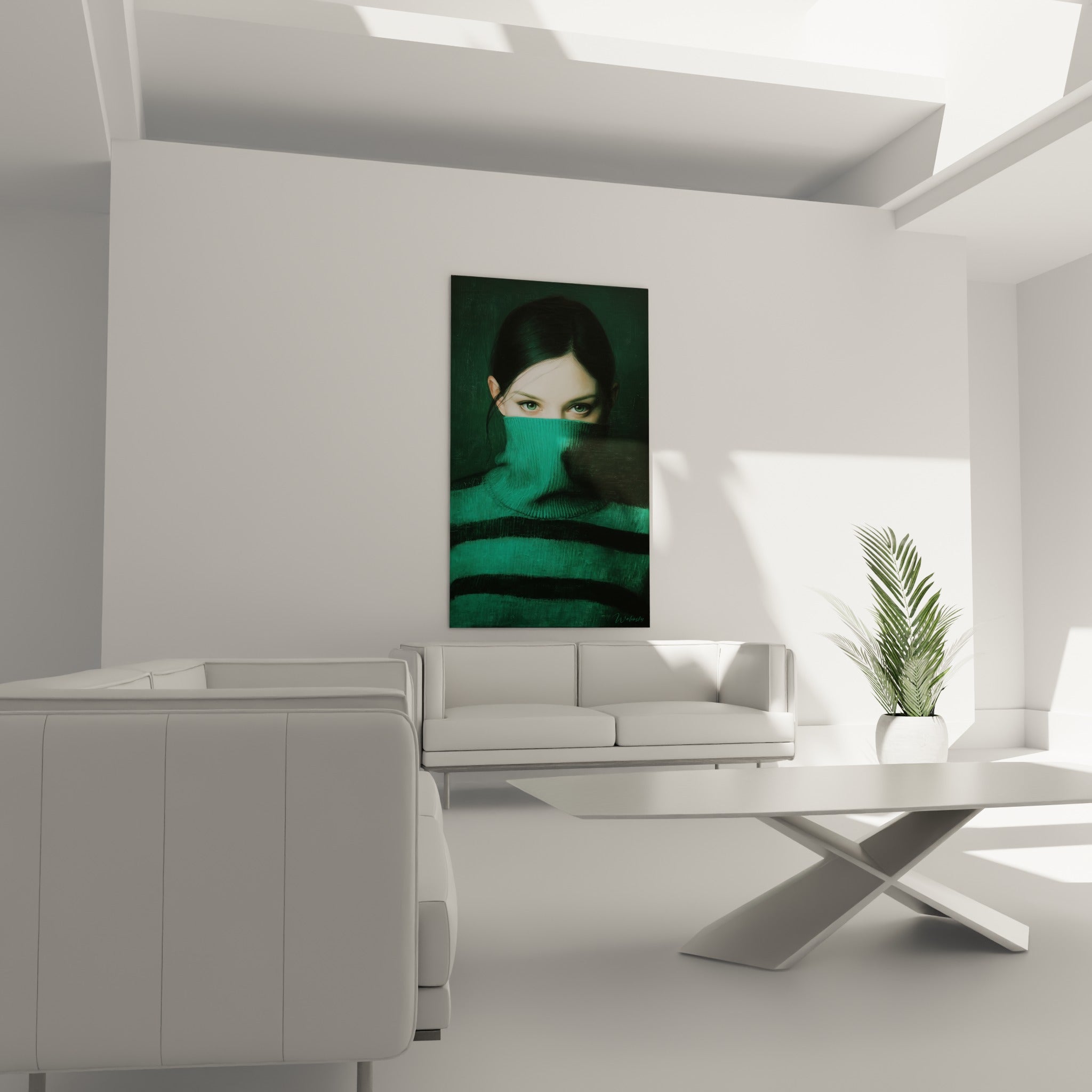 Visage voilé par un col roulé vert émeraude et noir, suspendu au-dessus d'un canapé dans un salon lumineux