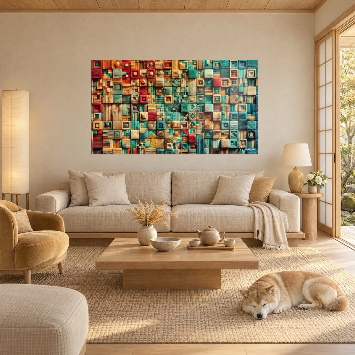 Cuadro mosaico de cuadrados entrelazados en turquesa y rojo ladrillo, aspecto de madera tallada, sobre un sofá en un salón luminoso