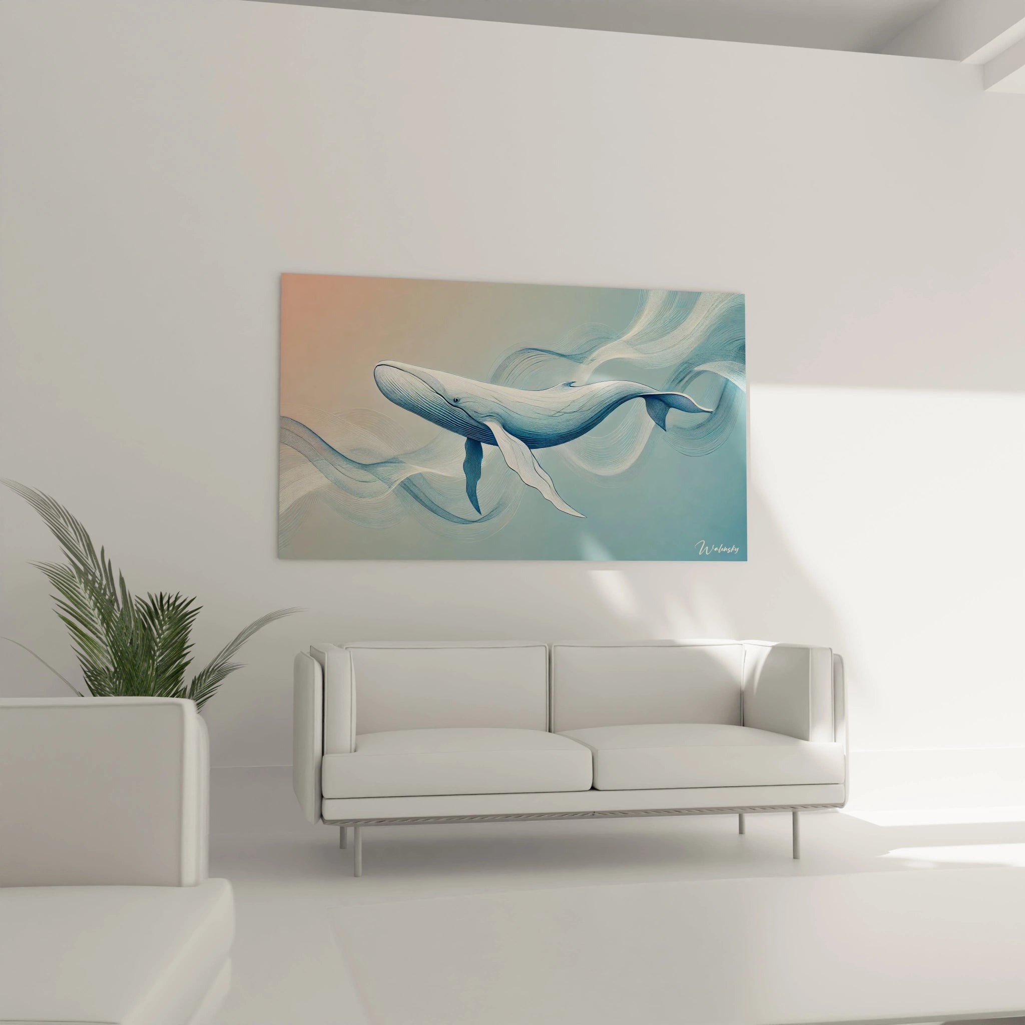 Transformez votre salon avec ce tableau cachalot au-dessus du canapé. Son design minimaliste et ses teintes marines offrent un point focal apaisant et moderne à votre espace.