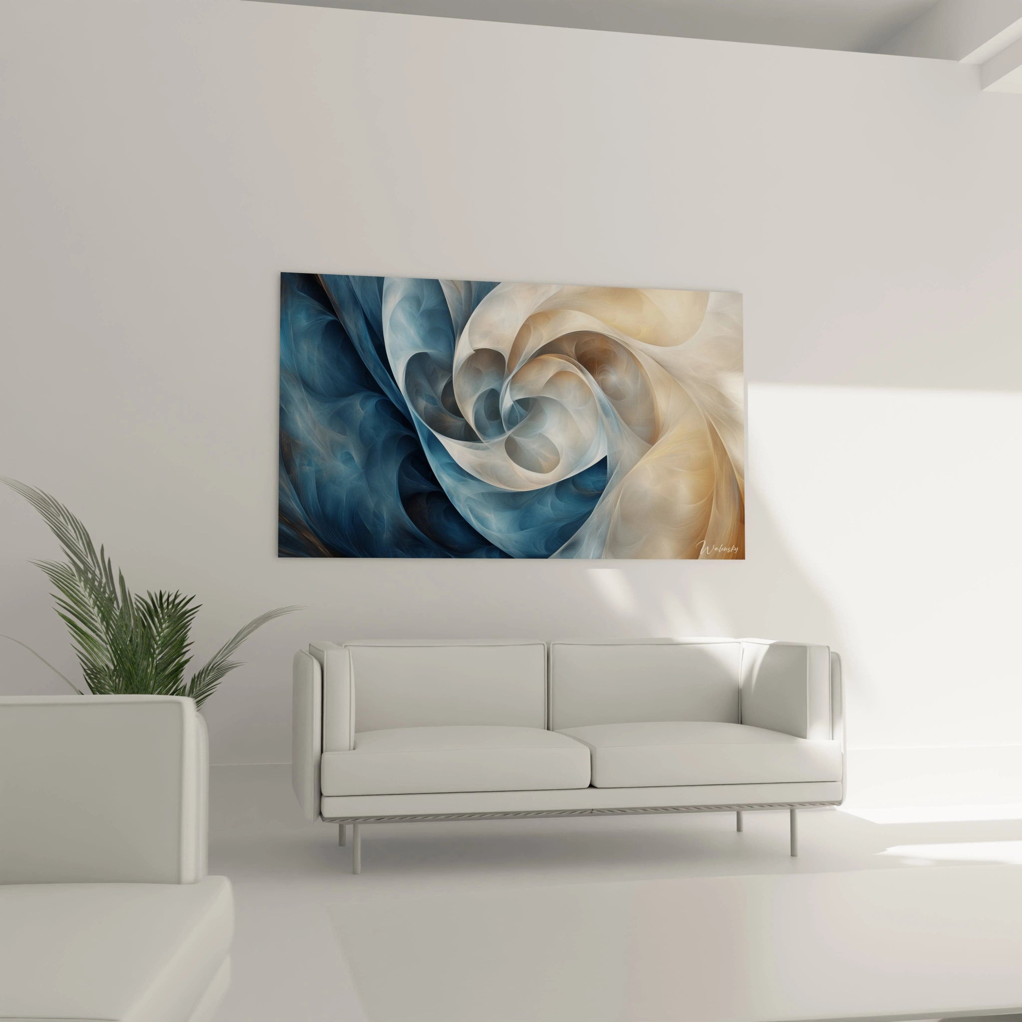 Un tableau abstrait spirale hypnotique illustrant un tourbillon délicat de formes concentriques, dominé par des nuances de bleu, blanc et beige, créant une illusion d'espace tridimensionnel grâce à des superpositions de couches translucides.