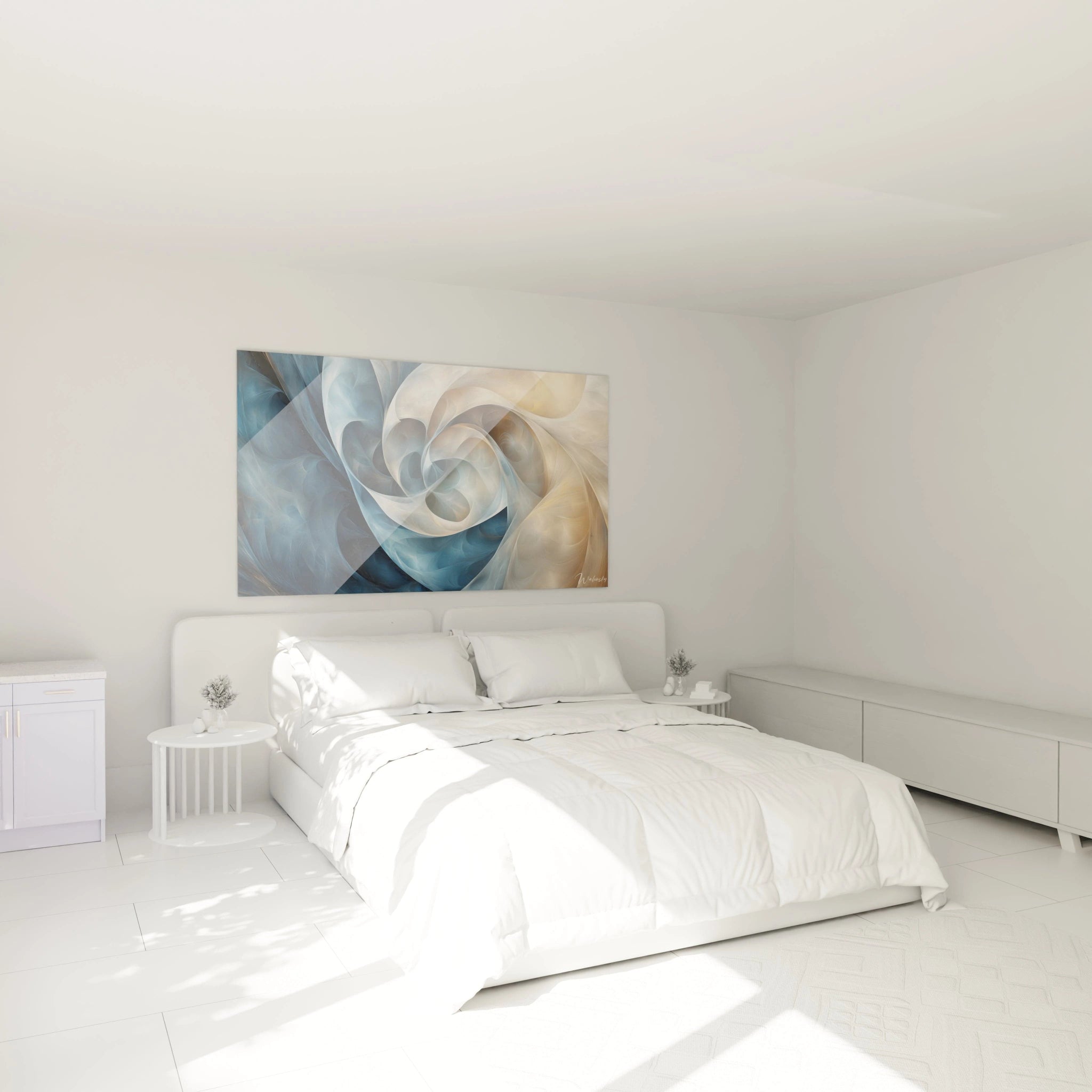 Un tableau abstrait spirale harmonieux présentant un vortex central de voiles translucides, avec des transitions fluides entre le bleu océanique, le blanc lumineux et le beige chaleureux, formant un motif cyclique aux textures vaporeuses.