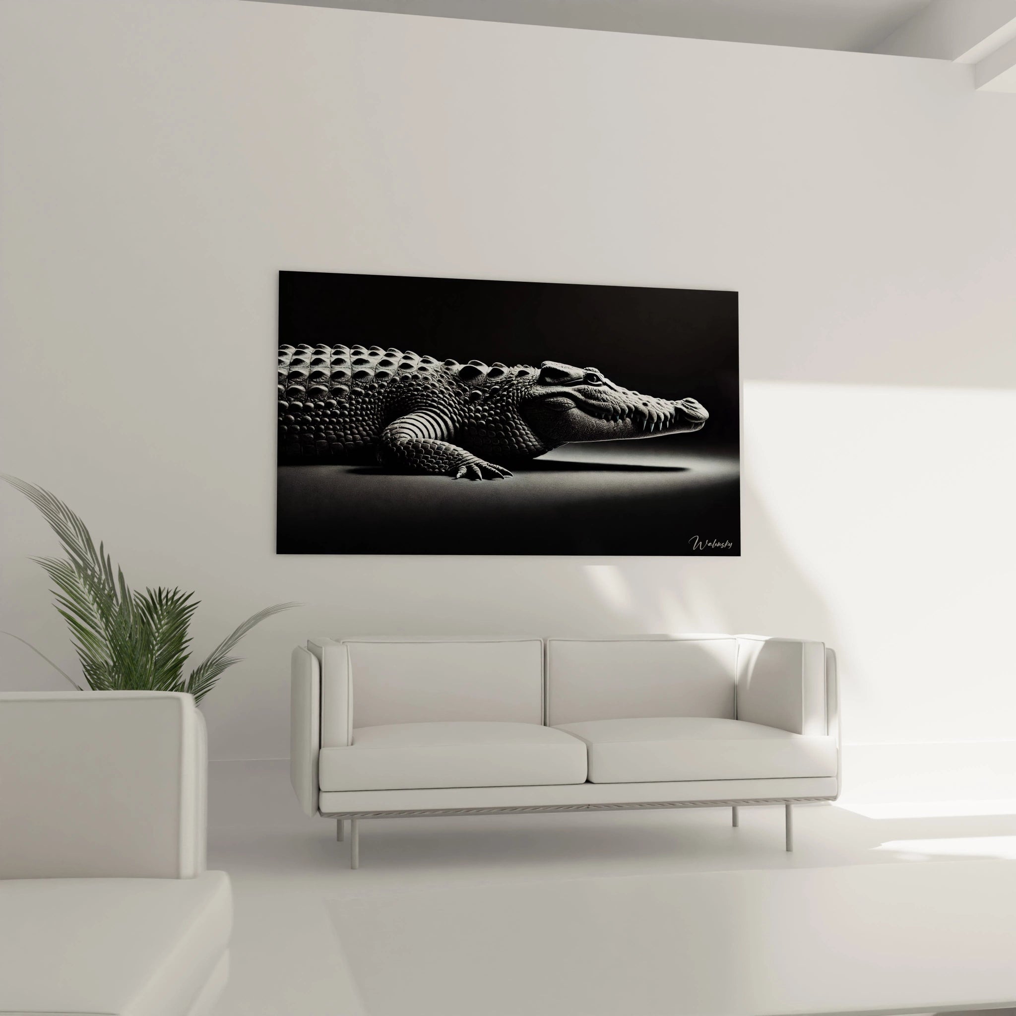 Ce tableau crocodile, majestueusement suspendu au-dessus du canapé, apporte une touche de caractère et de modernité à votre salon, capturant toute la tension de cet animal.