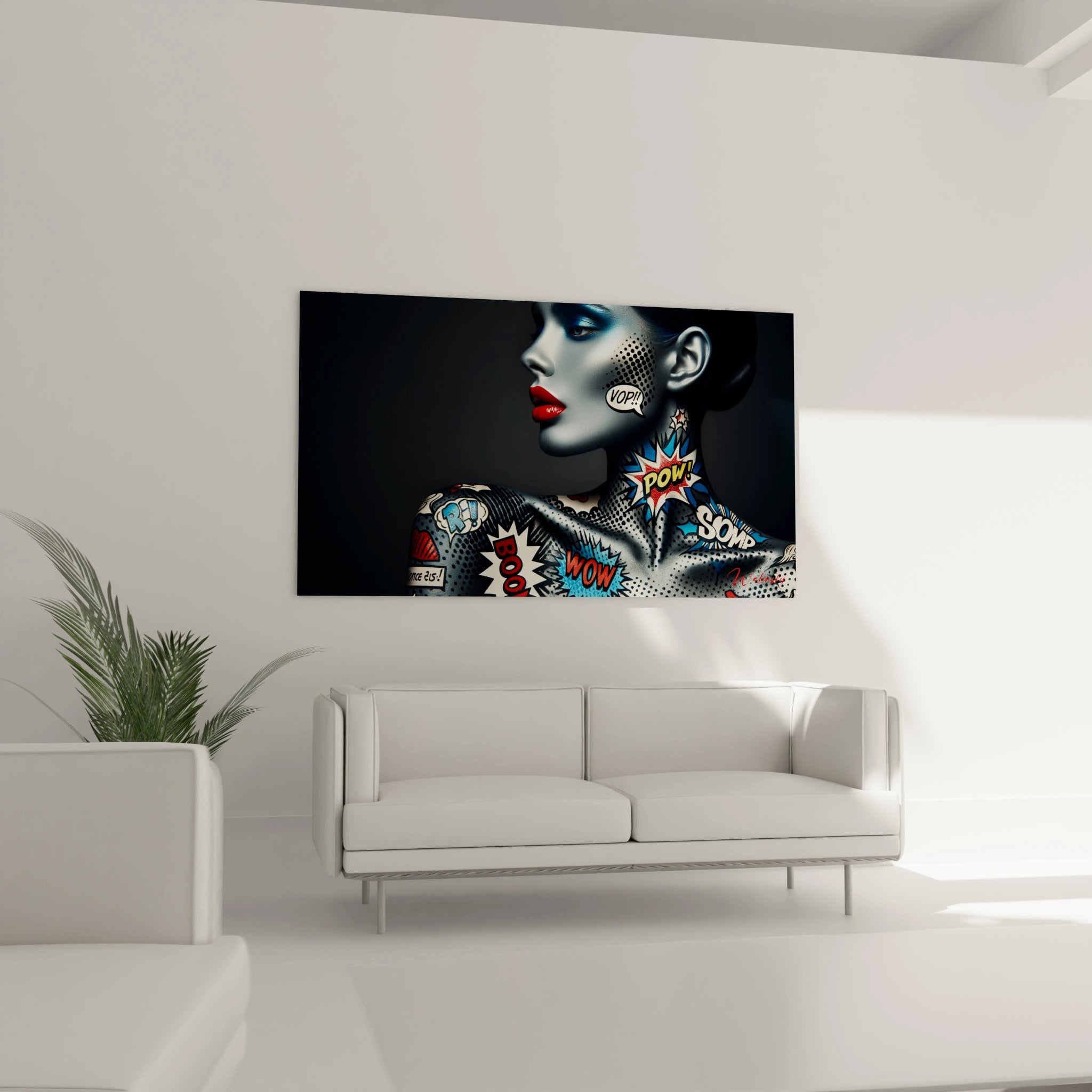 "Salon contemporain avec tableau en verre acrylique Pop Art / Rétro suspendu au-dessus du canapé. Art mural coloré et dynamique pour décoration intérieure de salon."