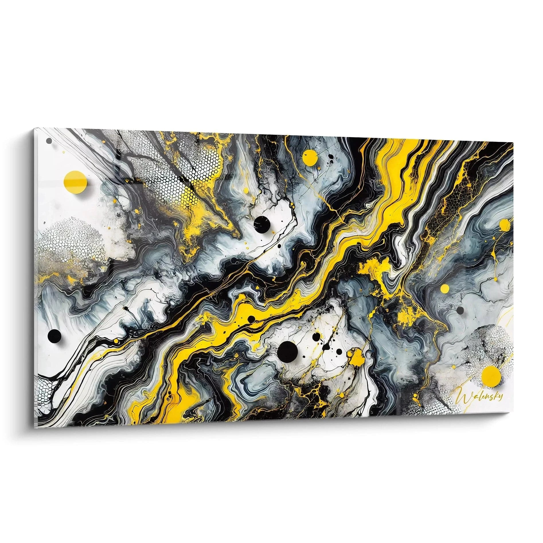 Le tableau style epoxy présente un jeu vibrant de jaunes éclatants, noirs profonds et blancs contrastés. De biais, ses courbes dynamiques et textures épurées captivent l’attention avec une énergie brute.