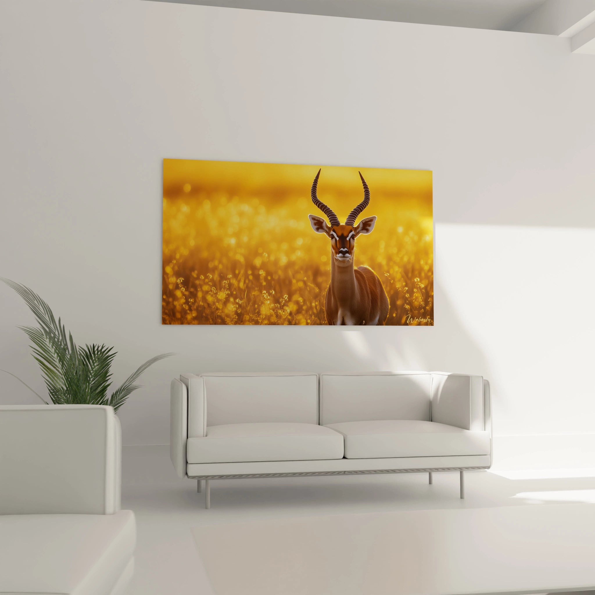 Un tableau impala saisissant capturant un moment de grâce naturelle dans la savane africaine. L'animal aux cornes annelées caractéristiques est baigné dans une atmosphère dorée éthérée, ses détails anatomiques précis contrastant avec le flou artistique des herbes illuminées.