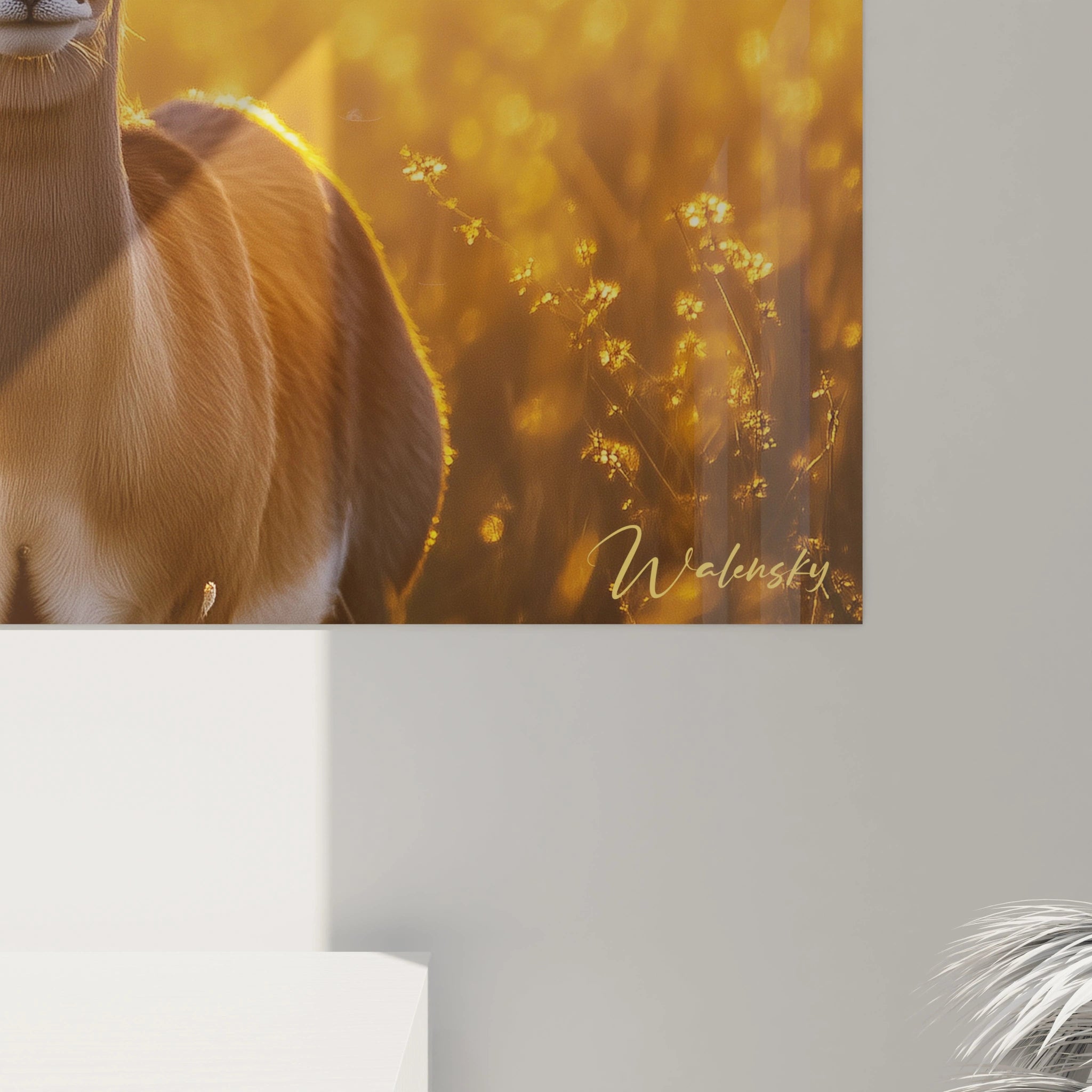 Un tableau impala réaliste présentant l'élégante antilope africaine dans son habitat naturel. Le pelage brun clair aux marques faciales distinctives et les imposantes cornes spiralées se détachent sur un arrière-plan de savane transformé en paysage féerique par la lumière dorée du crépuscule.