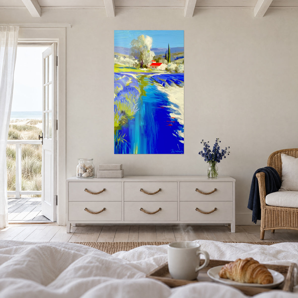 Quadro paesaggio provenzale con file blu oltremare e verdi acidi, capanno rosso, sopra un letto in una camera luminosa