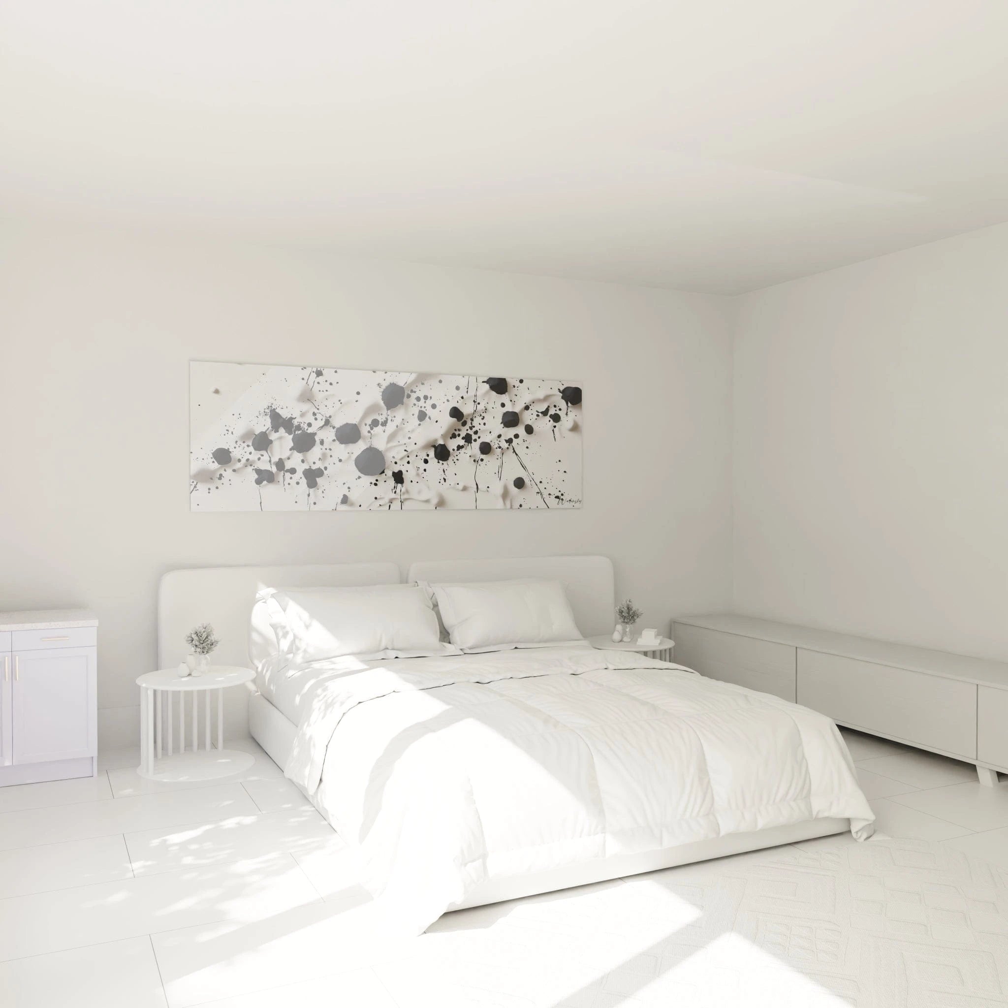 Tableau tacheté noir et blanc Walensky décorant une chambre moderne et lumineuse