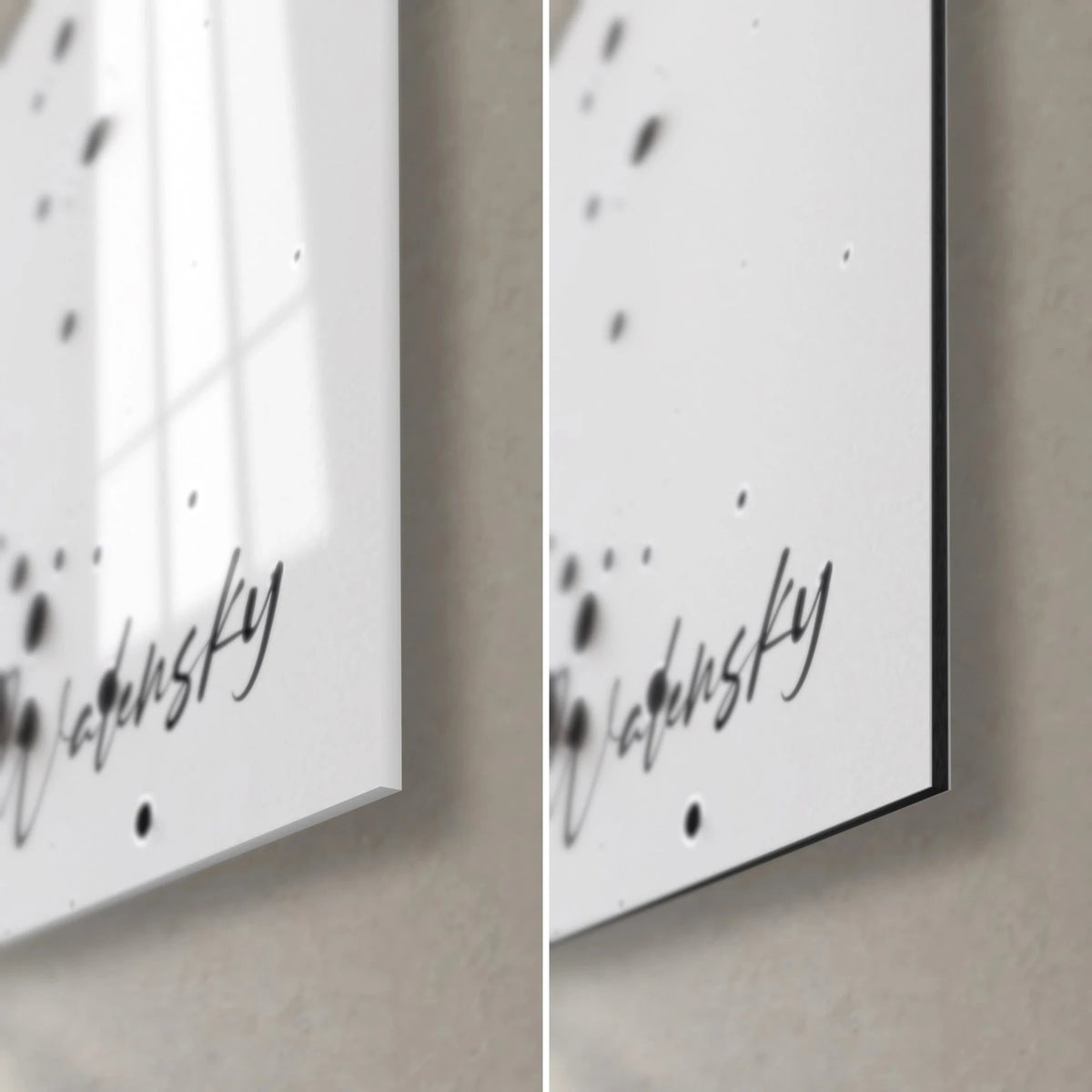 Wall art with black ink stains on pearly white, bottom right corner: glossy glass on the left, matte Dibond on the right, Walensky signature