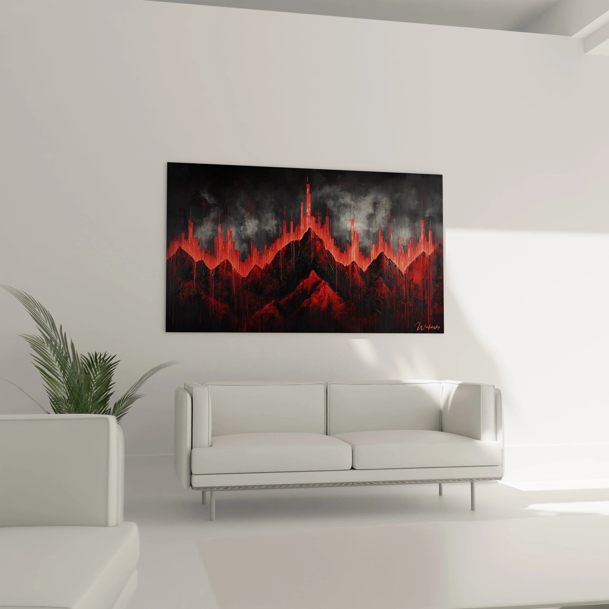 Tableau peinture abstrait Walensky avec montagnes rouges et noires sur un mur moderne