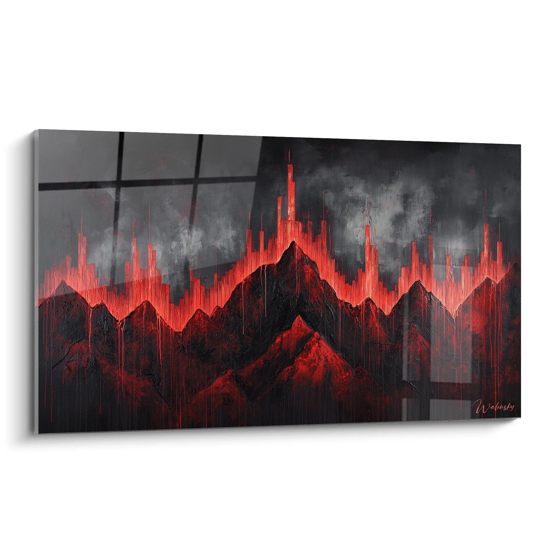 Tableau peinture abstrait montagnard avec des teintes rouges et noires par Walensky