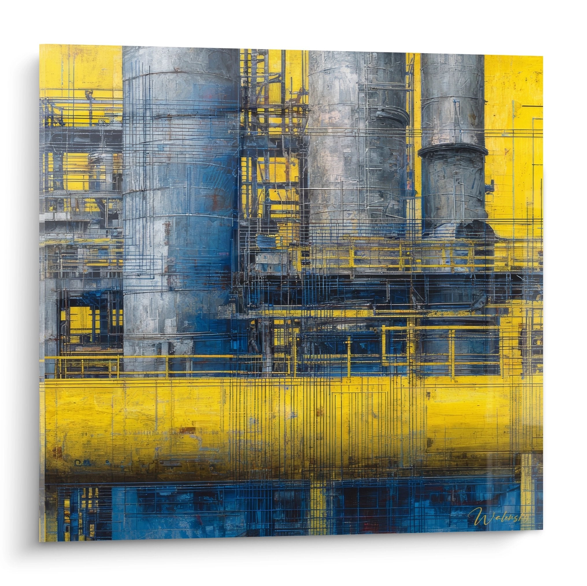 Tableau industriel abstrait représentant architecture métallique complexe tons jaunes bleus