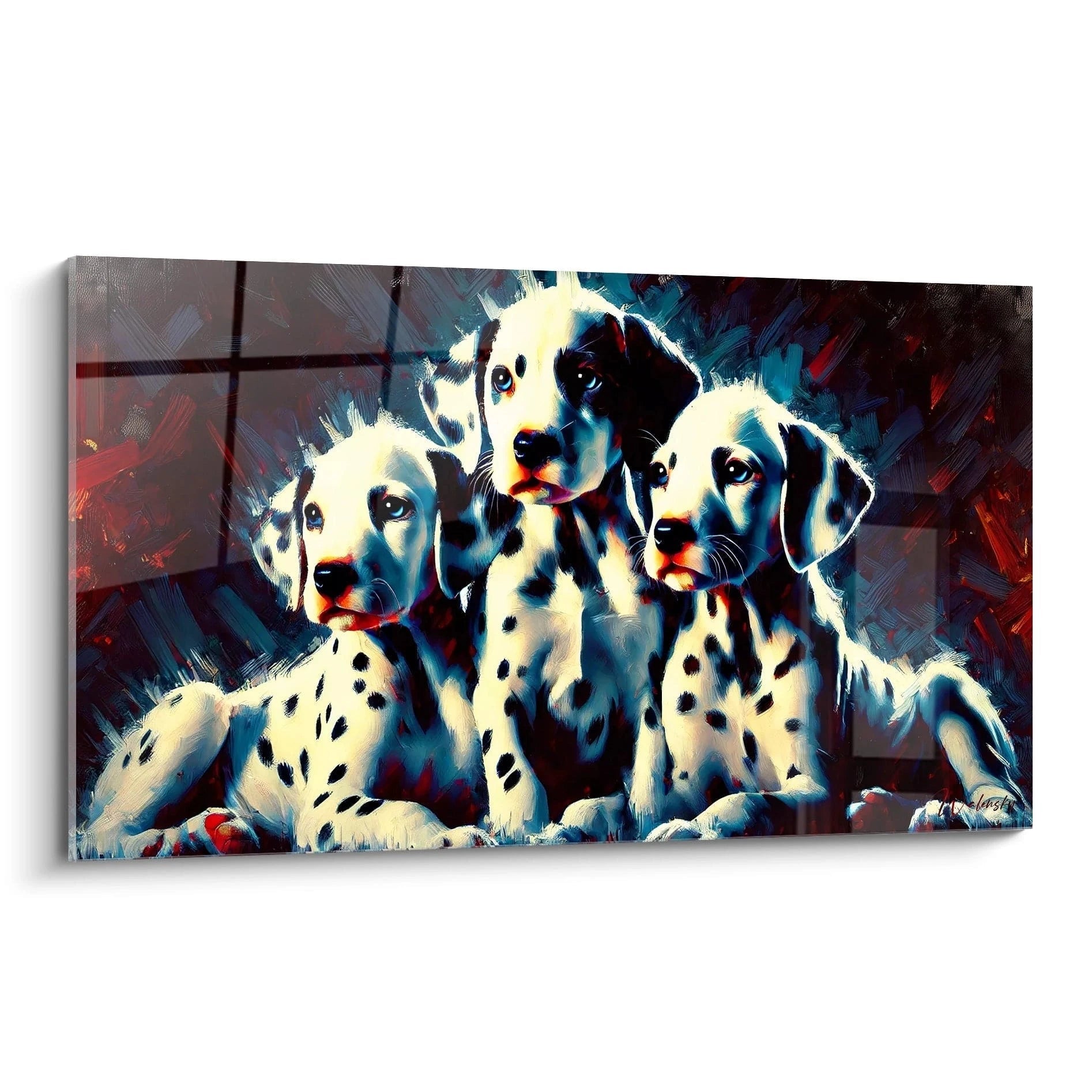 Ce tableau chien avec trois chiots dalmatiens, vu de biais, met en valeur un style moderne et artistique. Parfait pour ajouter une touche d’art abstrait à votre intérieur avec des accents animaliers uniques.