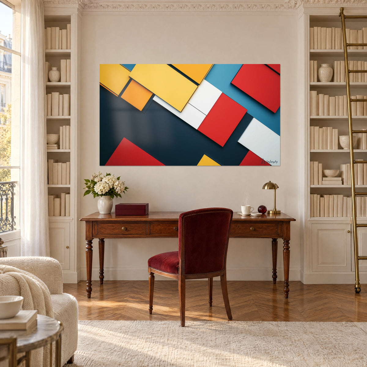 Cuadro formas rectangulares amarillo mostaza, rojo y blanco entre dos estanterías, escritorio de madera haussmanniano