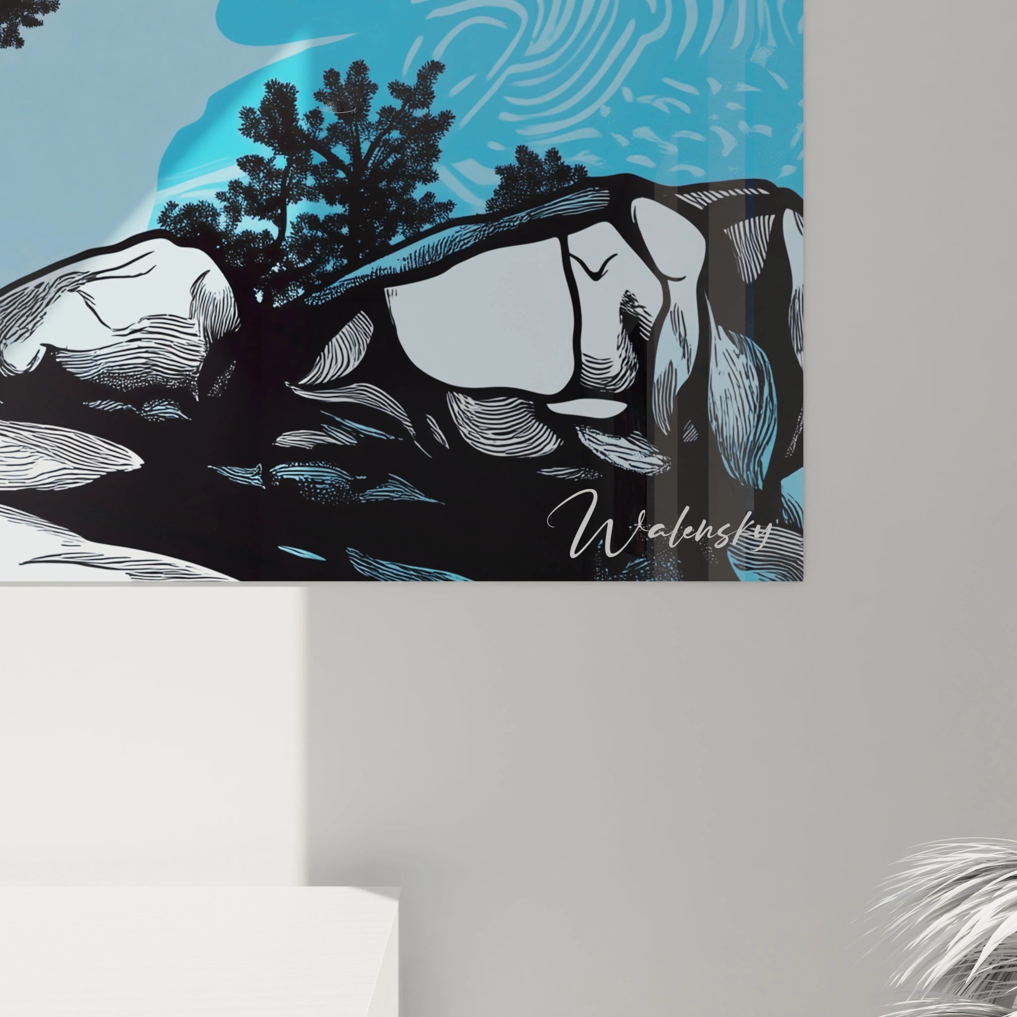 Un tableau Alfred Sisley prĂ©sentant un paysage de pierres et dâarbres sombres, contrastant avec un arriĂšre-plan bleu et orange aux motifs fluides, avec des lignes dĂ©taillĂ©es et des ombres marquĂ©es.