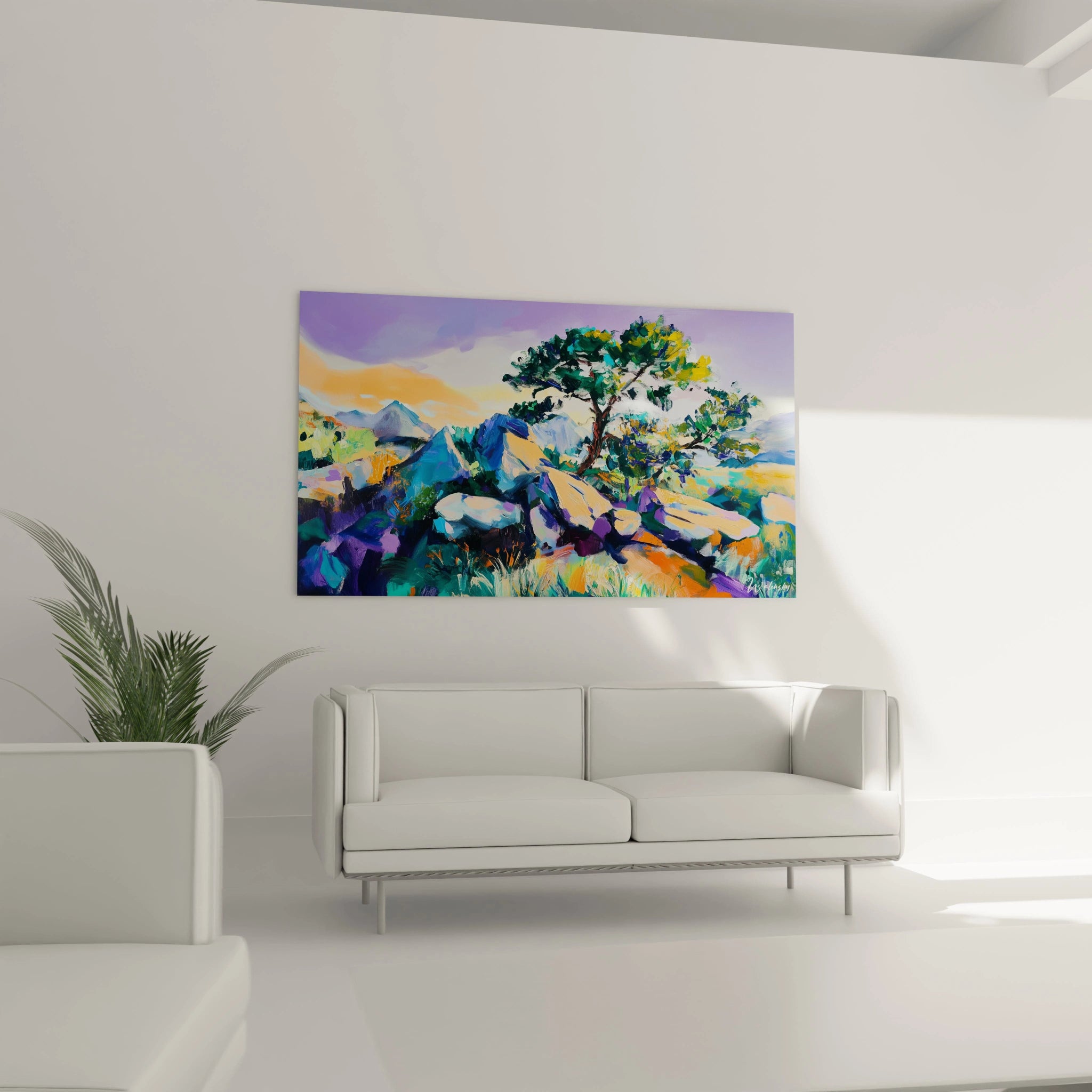 Un tableau Alfred Sisley représentant un paysage naturel avec des roches, un arbre et des herbes en premier plan. Des nuances de bleu, vert et orange sont superposées avec des traits de pinceau marqués.