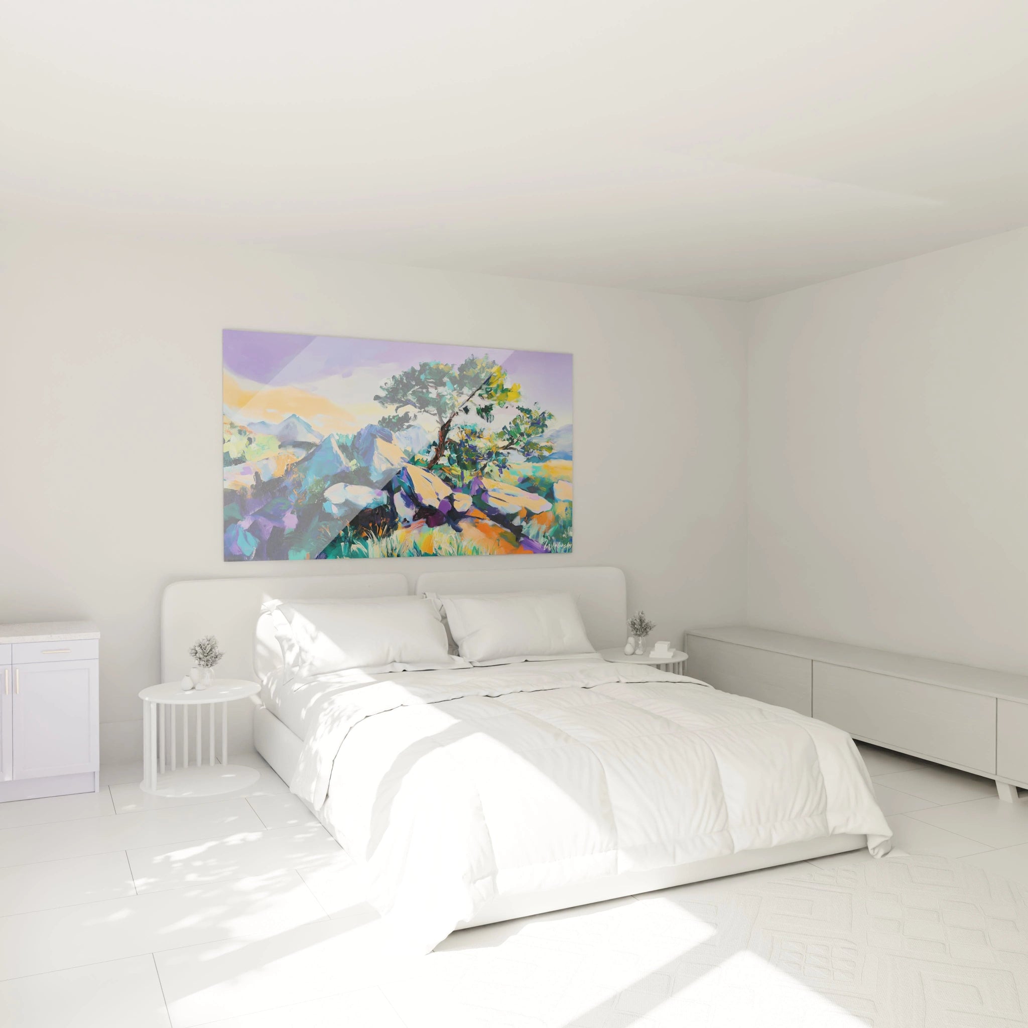 Un tableau Alfred Sisley illustrant des montagnes et des rochers sous un ciel dĂ©gradĂ© de violet et dâorange. La peinture appliquĂ©e en touches Ă©paisses met en valeur la texture et les contrastes colorĂ©s.