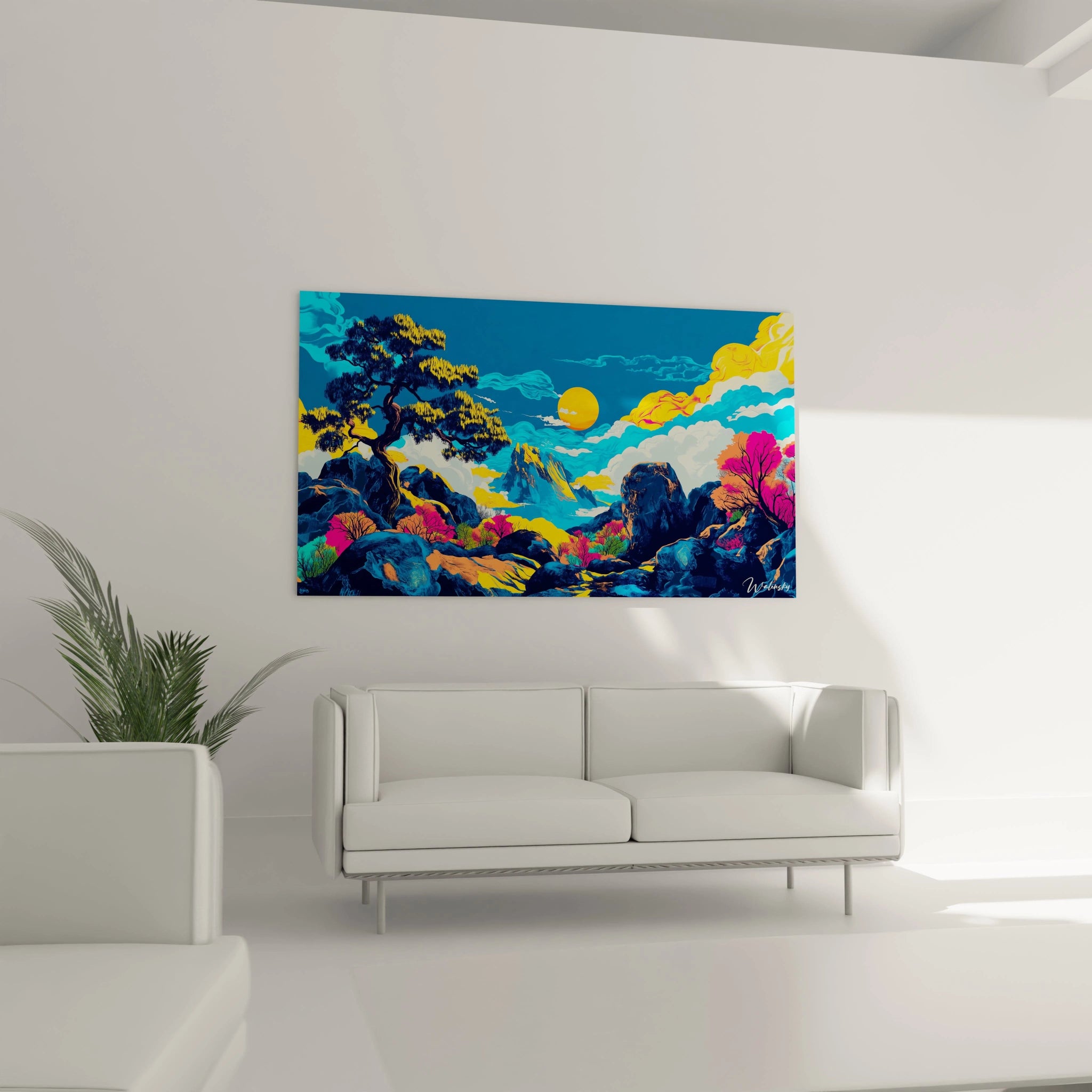 Un tableau Alfred Sisley illustrant une nature stylisée, avec des rochers noirs et bleus, des arbres aux feuillages jaunes et roses, et un ciel dynamique aux nuages blancs et jaunes, formant un effet graphique détaillé.