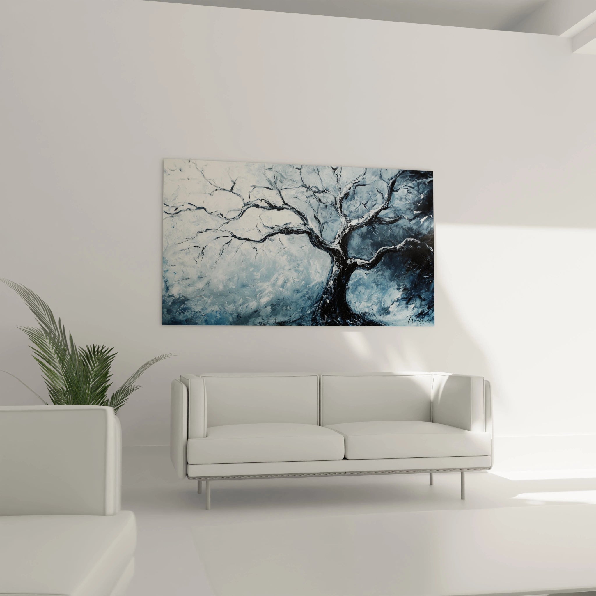 Un tableau Piet Mondrian composé d’un grand arbre stylisé sur fond dégradé, avec des coups de pinceau visibles, des contrastes marqués et une palette monochrome de noir, blanc et bleu.