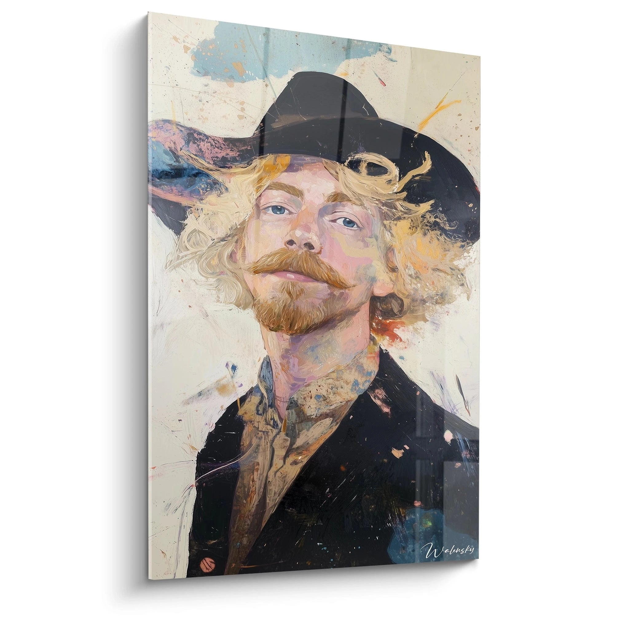 Un tableau Rembrandt van Rijn représentant un portrait masculin avec un chapeau noir, des cheveux blonds et une veste sombre, sur un fond beige et bleu, avec des touches de peinture en relief.